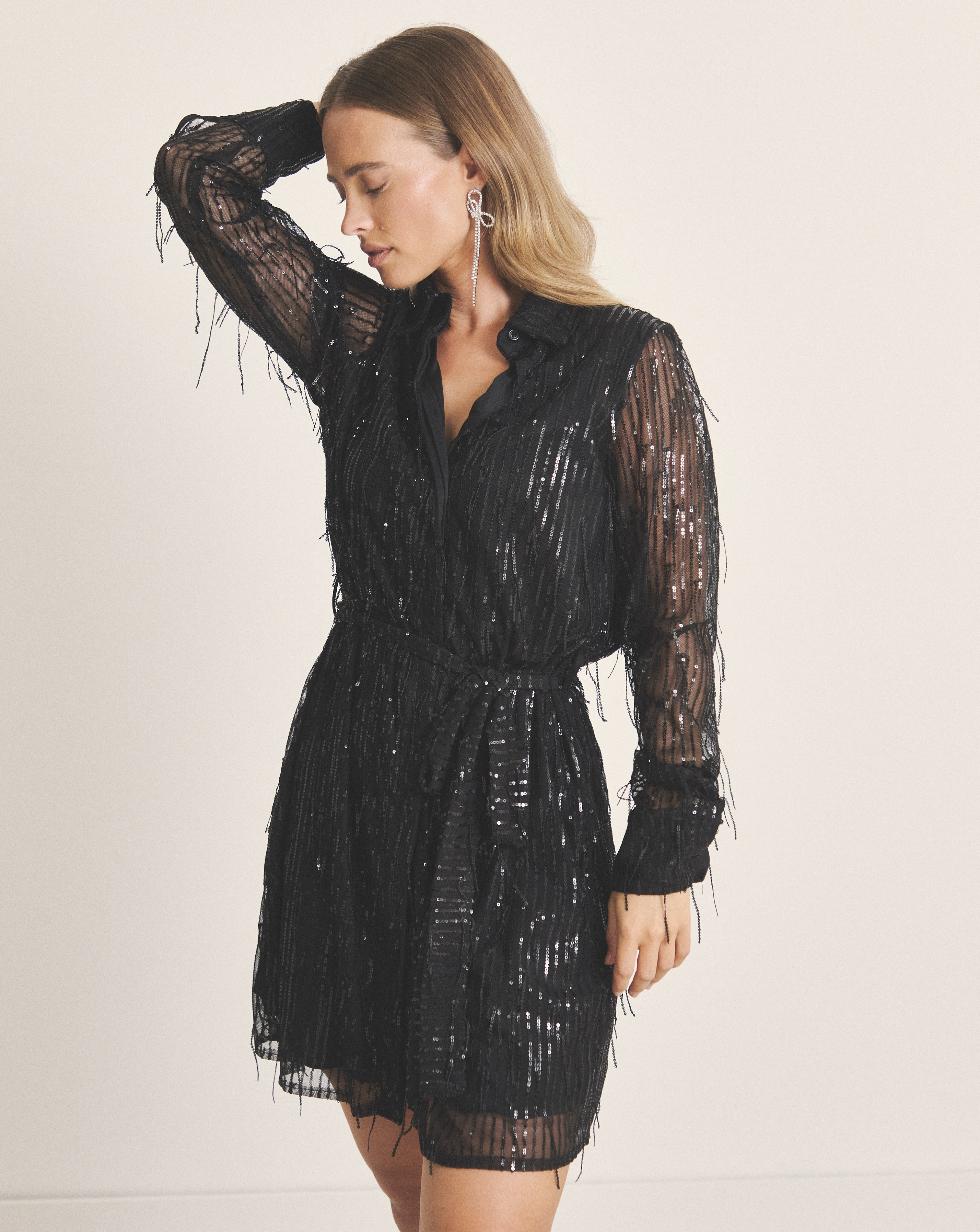 Black Fringed Sequin Shirt Dress