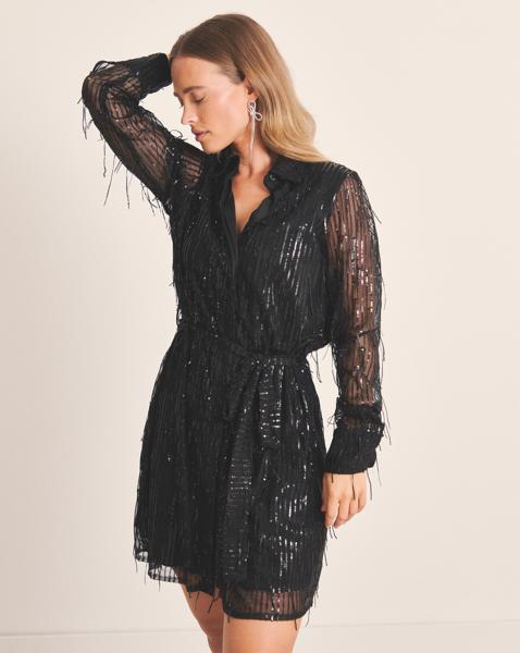 Black Fringed Sequin Shirt Dress