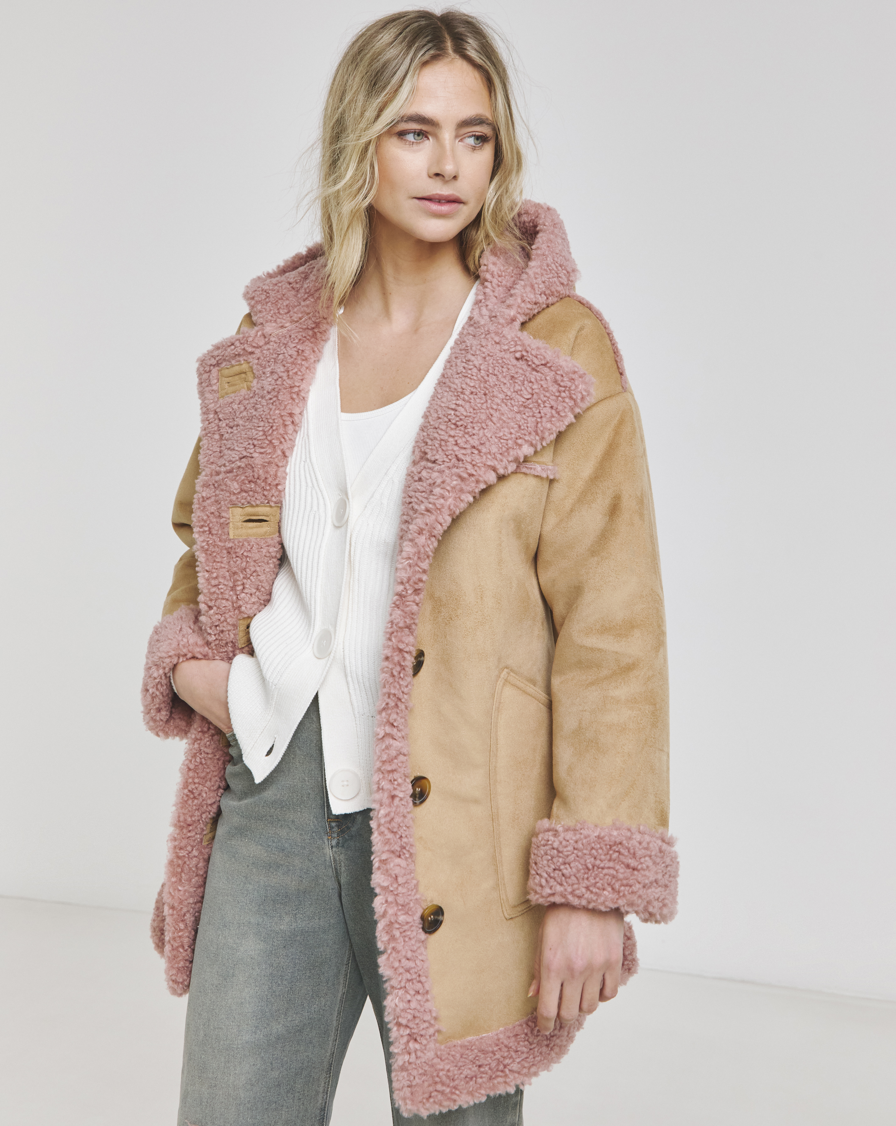 Tan Longline Contrast Shearling Aviator