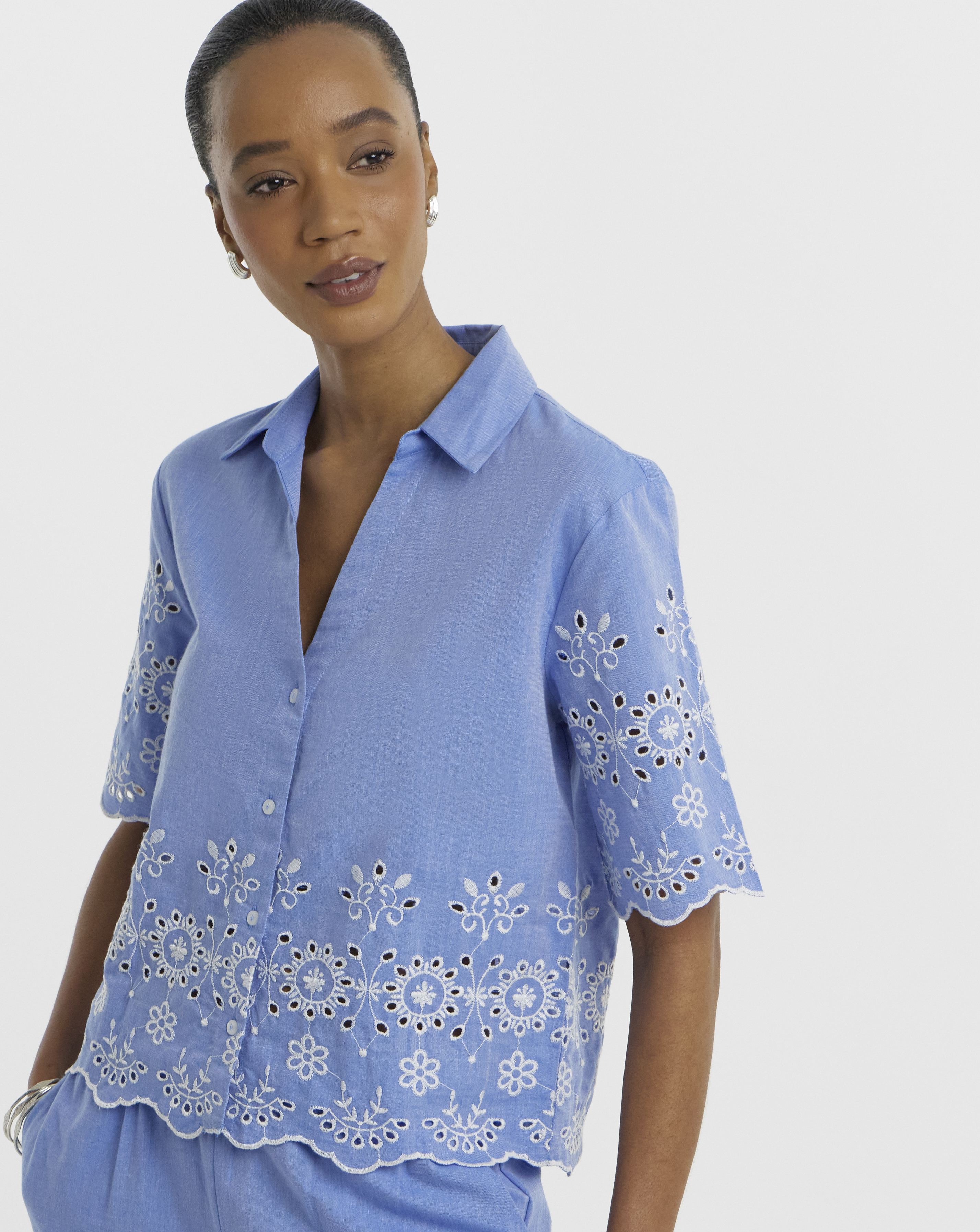 JDy Blue Marina Half Sleeve Embroidery Shirt - Large
