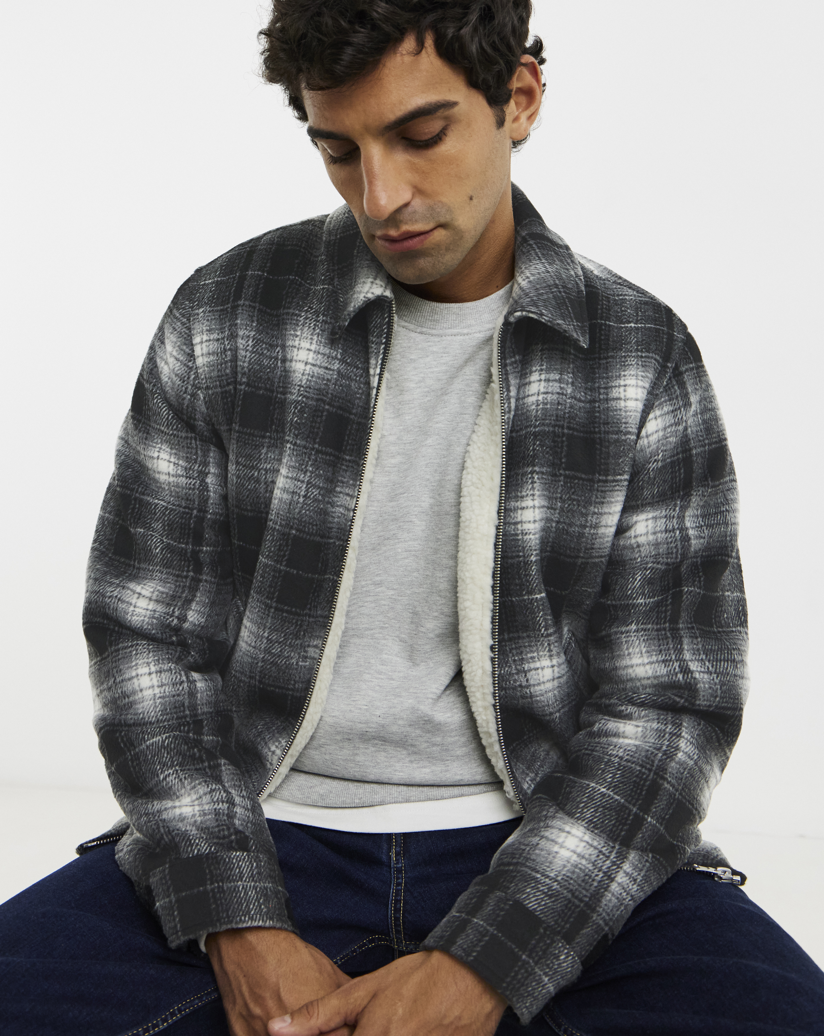 Check Borg Lined Zip Harrington