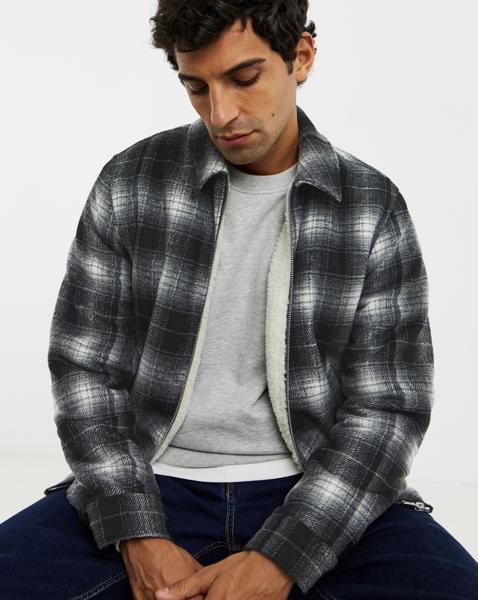Check Borg Lined Zip Harrington