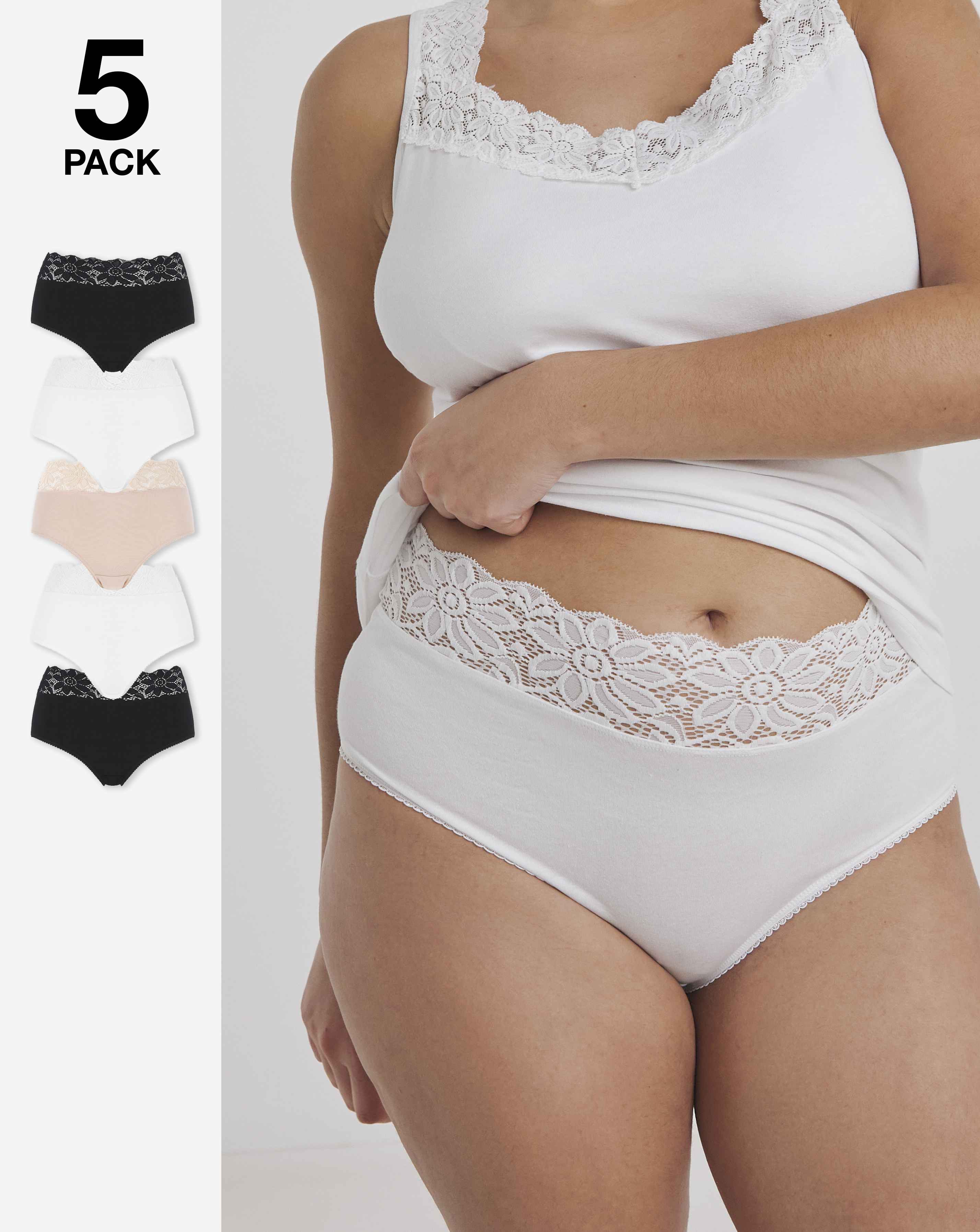 Pretty Secrets Plus Size 5 Pack Neutral Lace Top Full Fit Briefs In Black/white/blush | UK Size 24/26 Women's