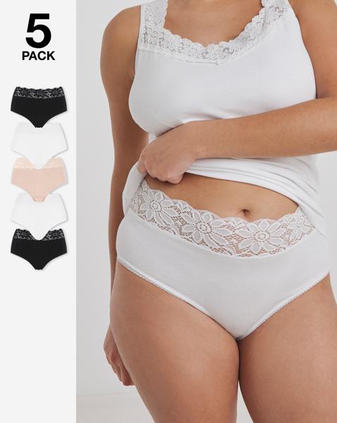 Pretty Secrets Plus Size 5 Pack Neutral Lace Top Full Fit Briefs In Black/white/blush | UK Size 24/26 Women's