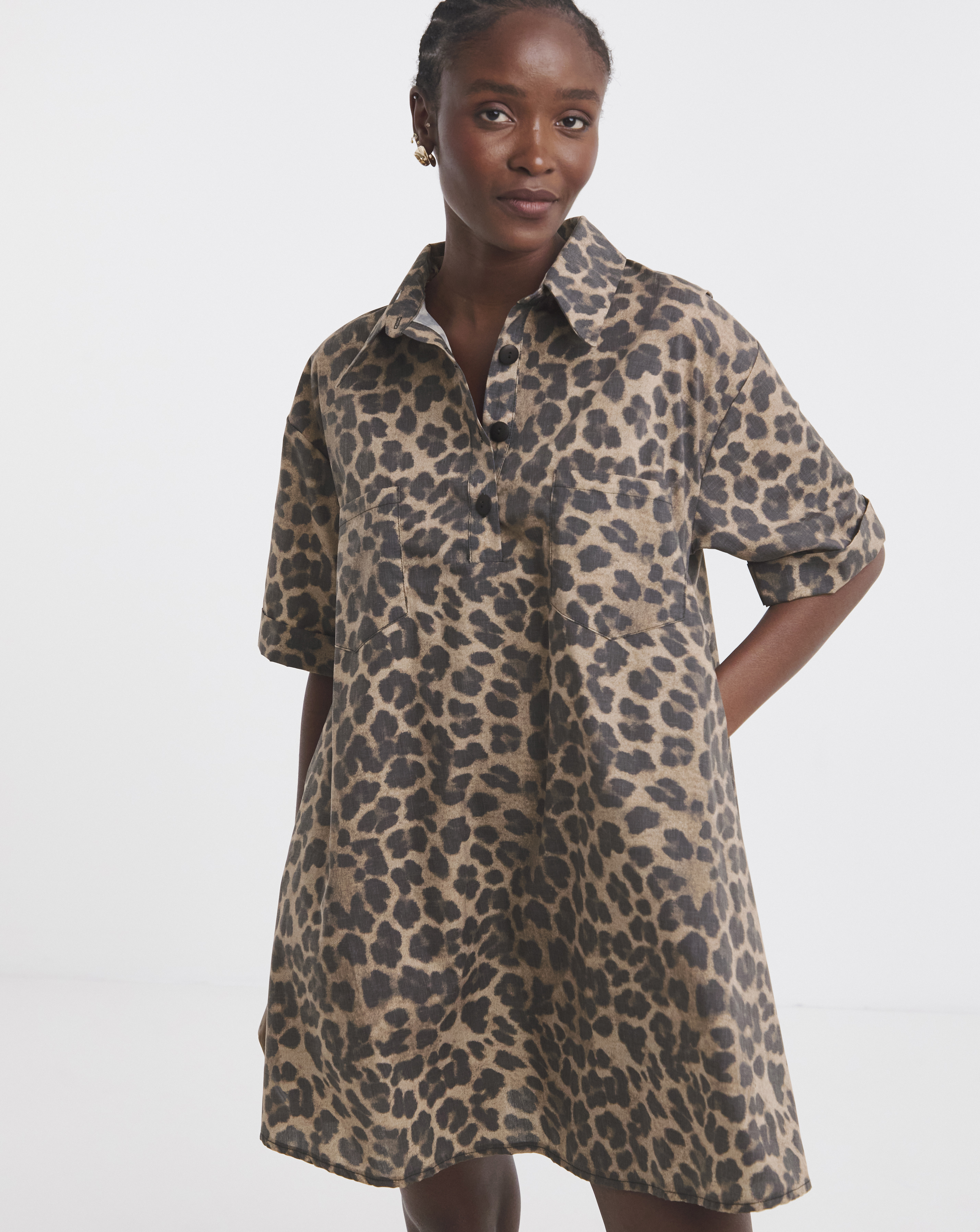 Leopard Print Boxy Shirt Dress
