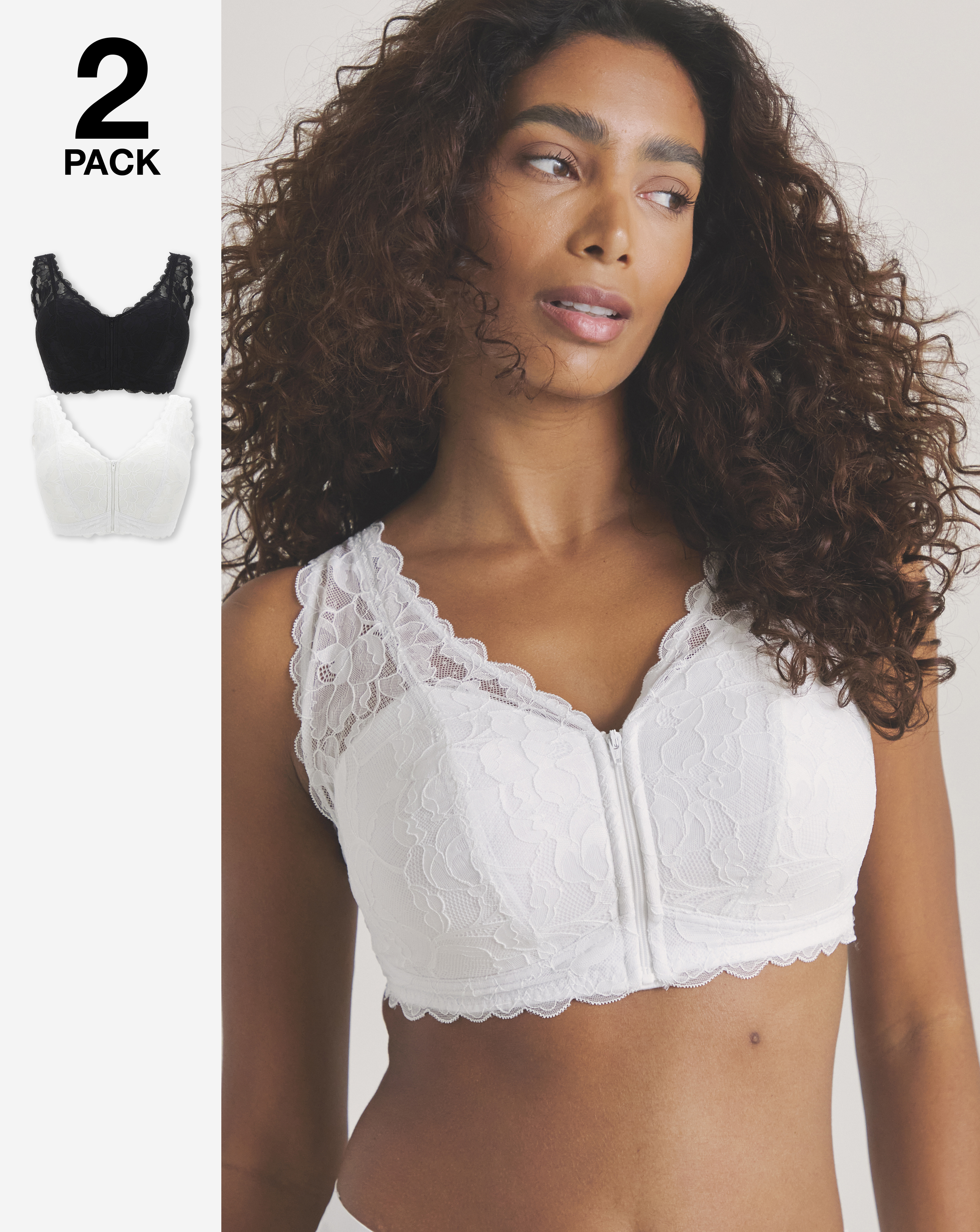 2 Pack Zip Front Lace Trim Comfort Bras