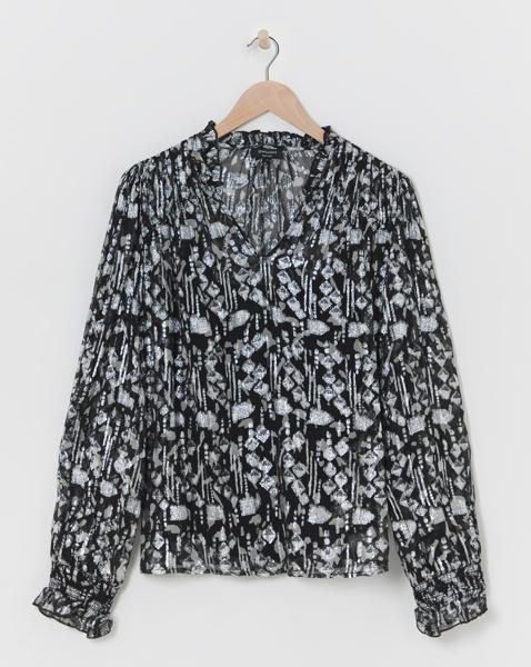 V Neck Metallic Jaquard Blouse