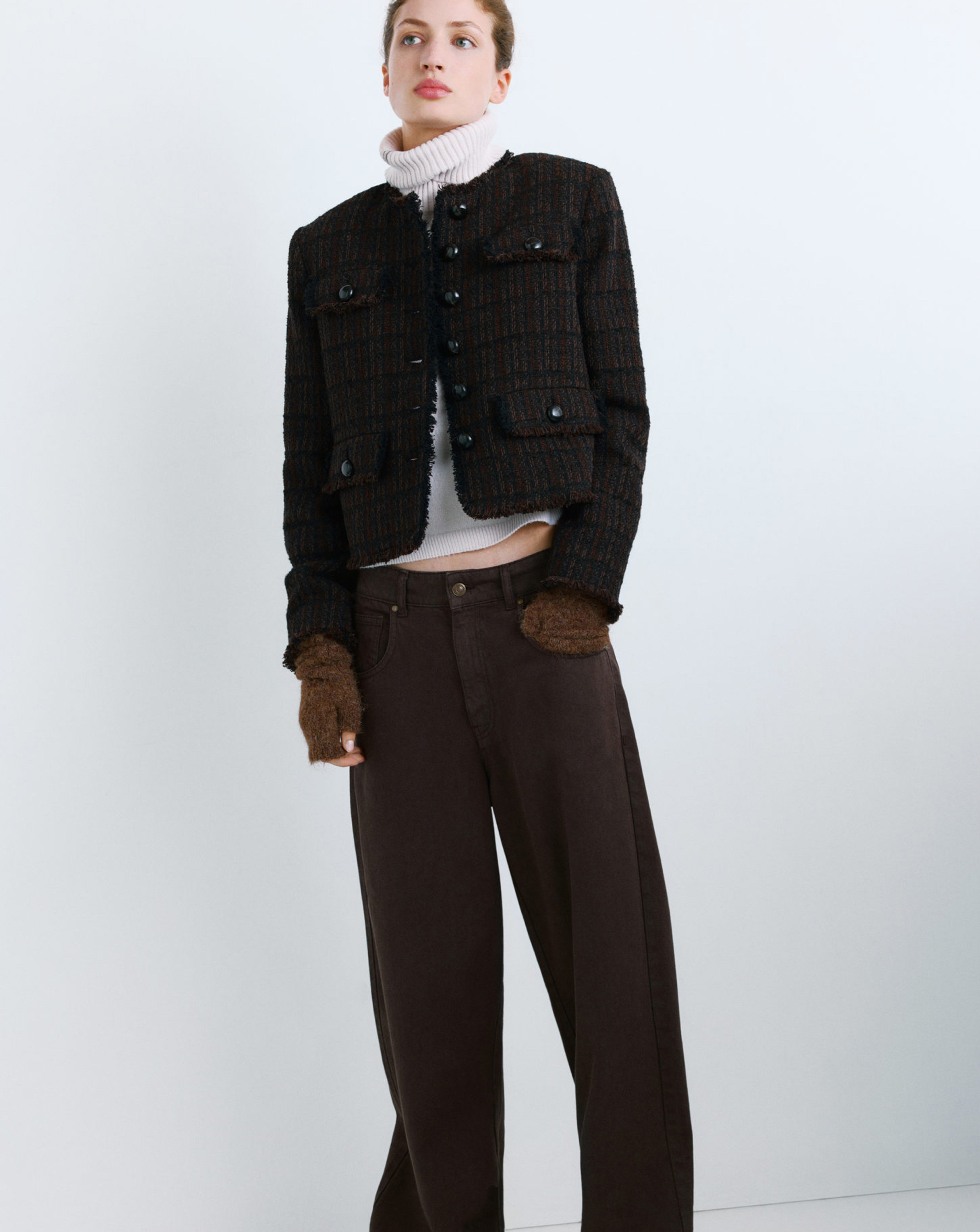 Mango Tweed Jacket Dark Brown - Mango - SizeL