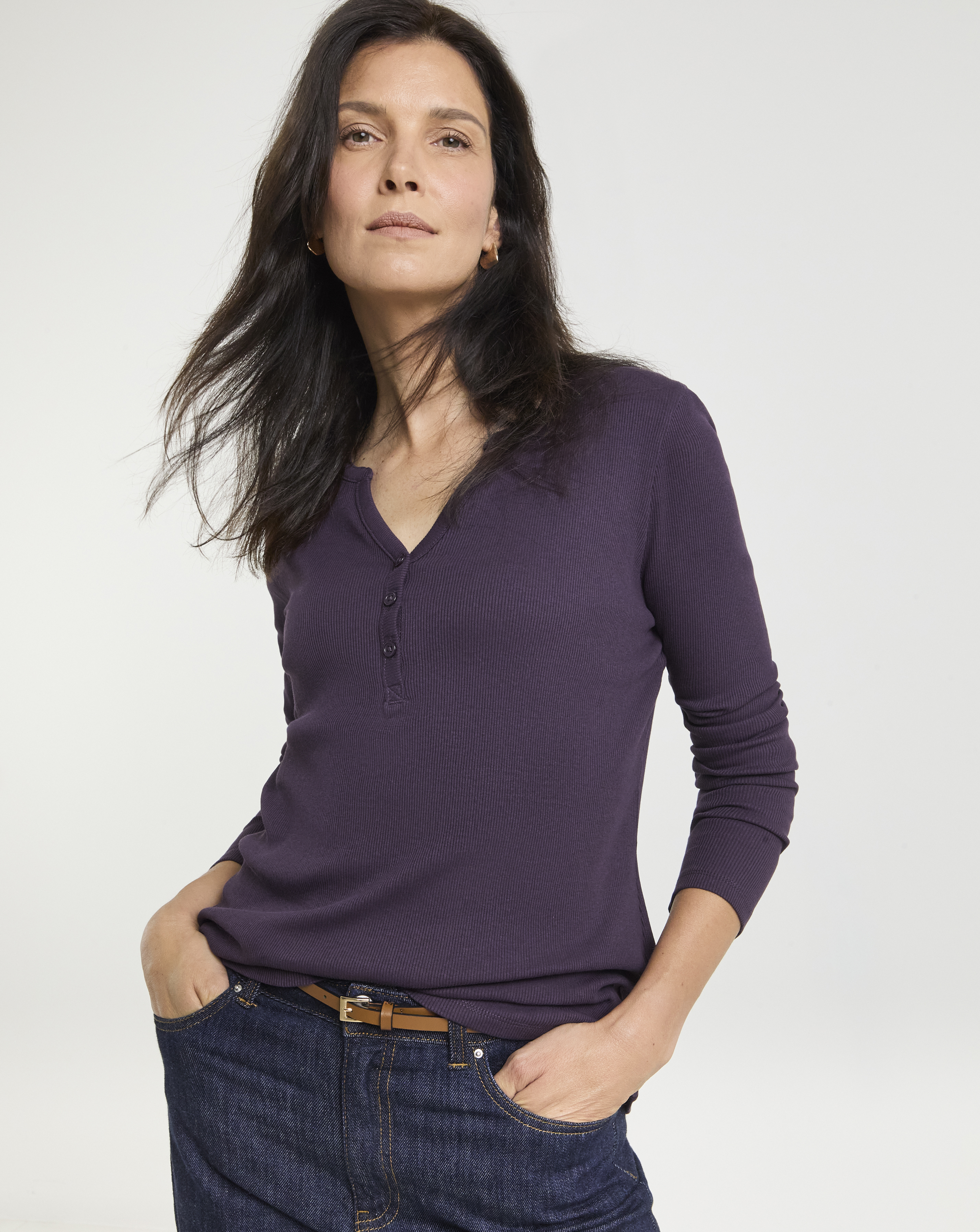 Henley Button Front Long Sleeve Top