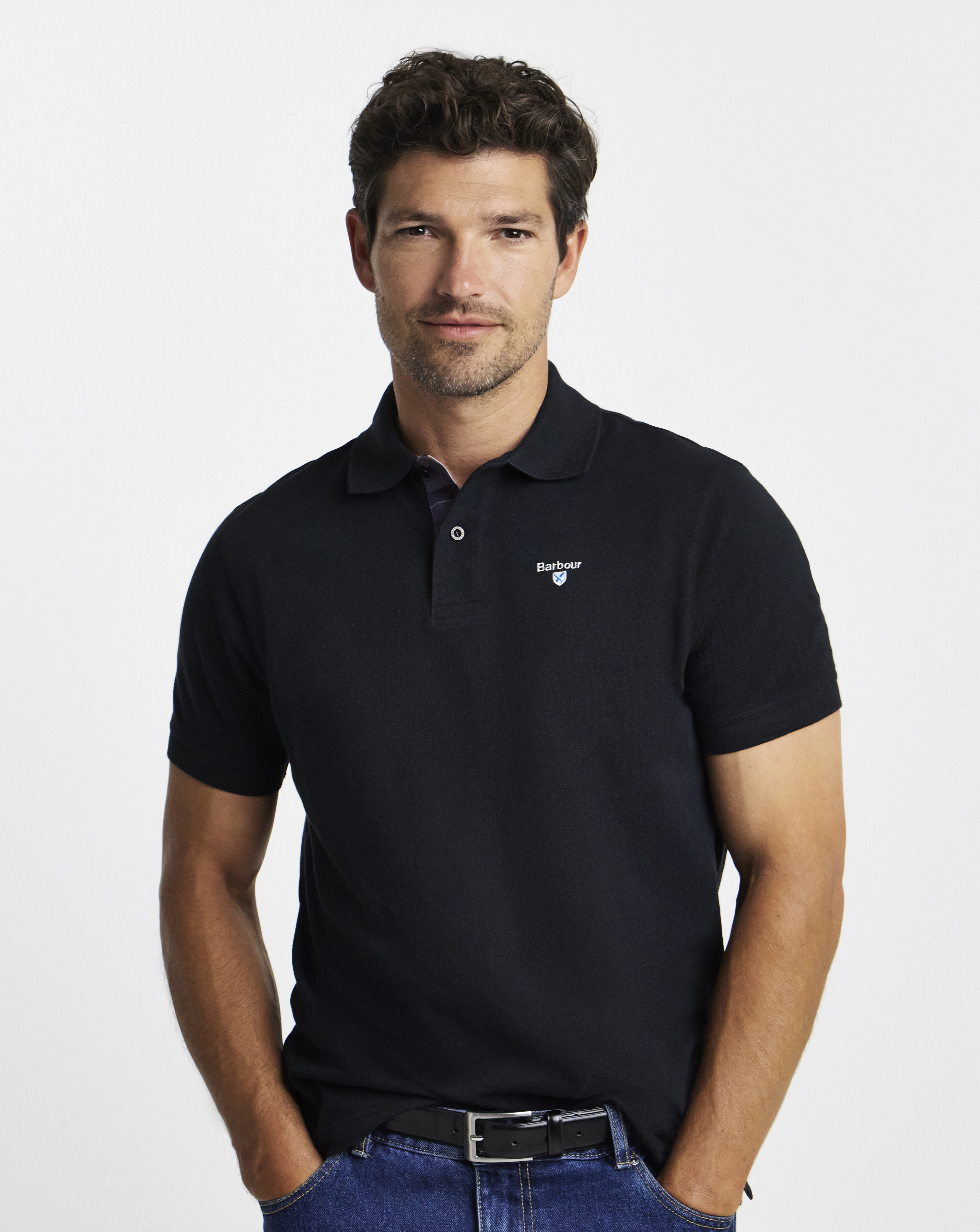 Barbour Tartan Trim Pique Polo - Black