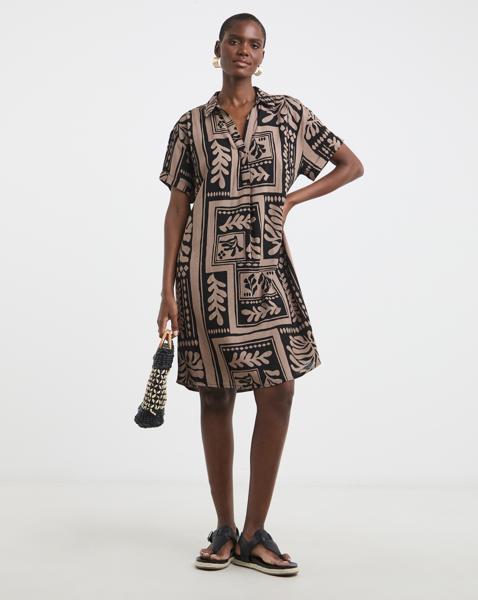 Linen Mix Collared Tunic Dress