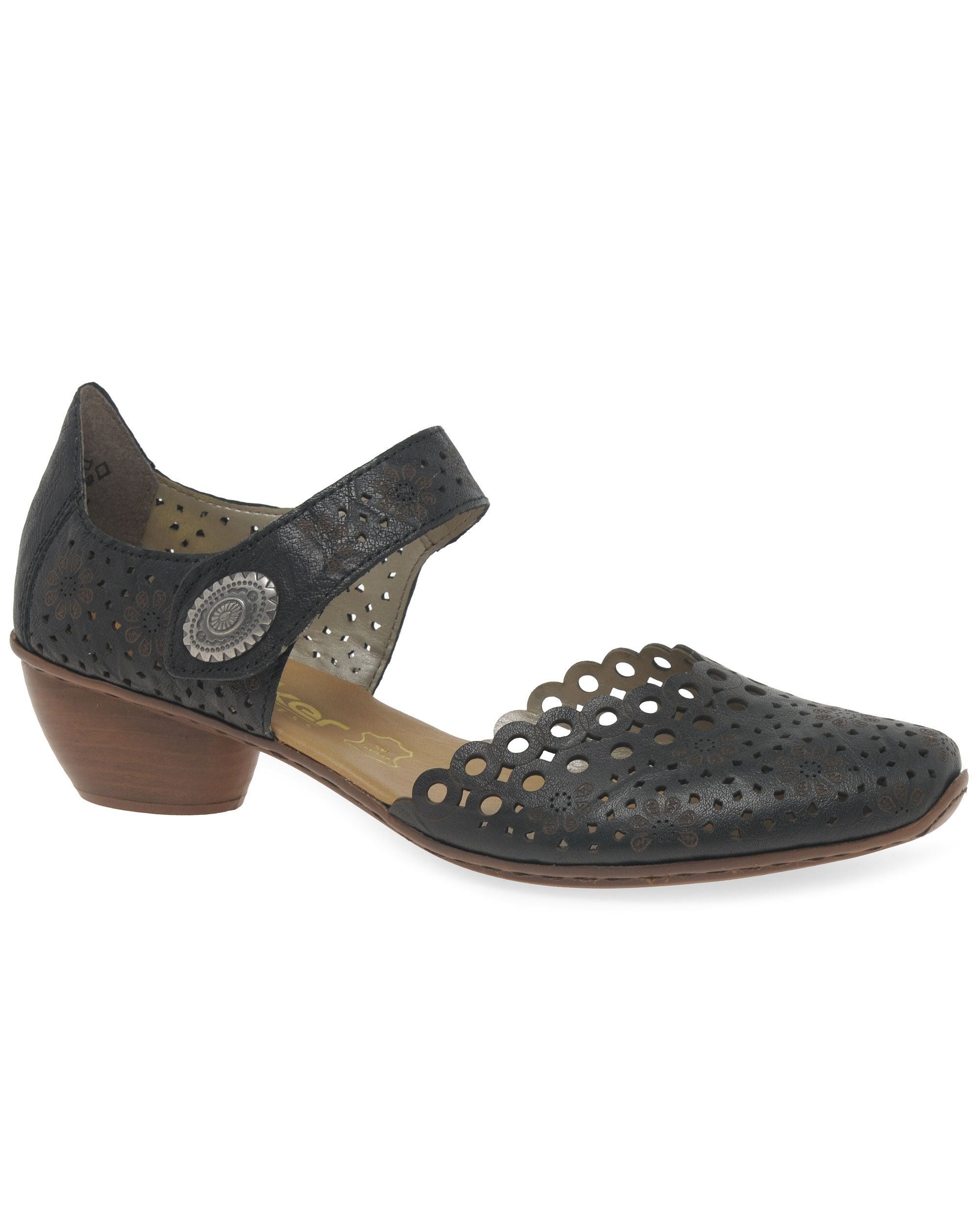 Rieker Pia Womens Court Shoes - Black Leather Open Toe Shoes - Size 4