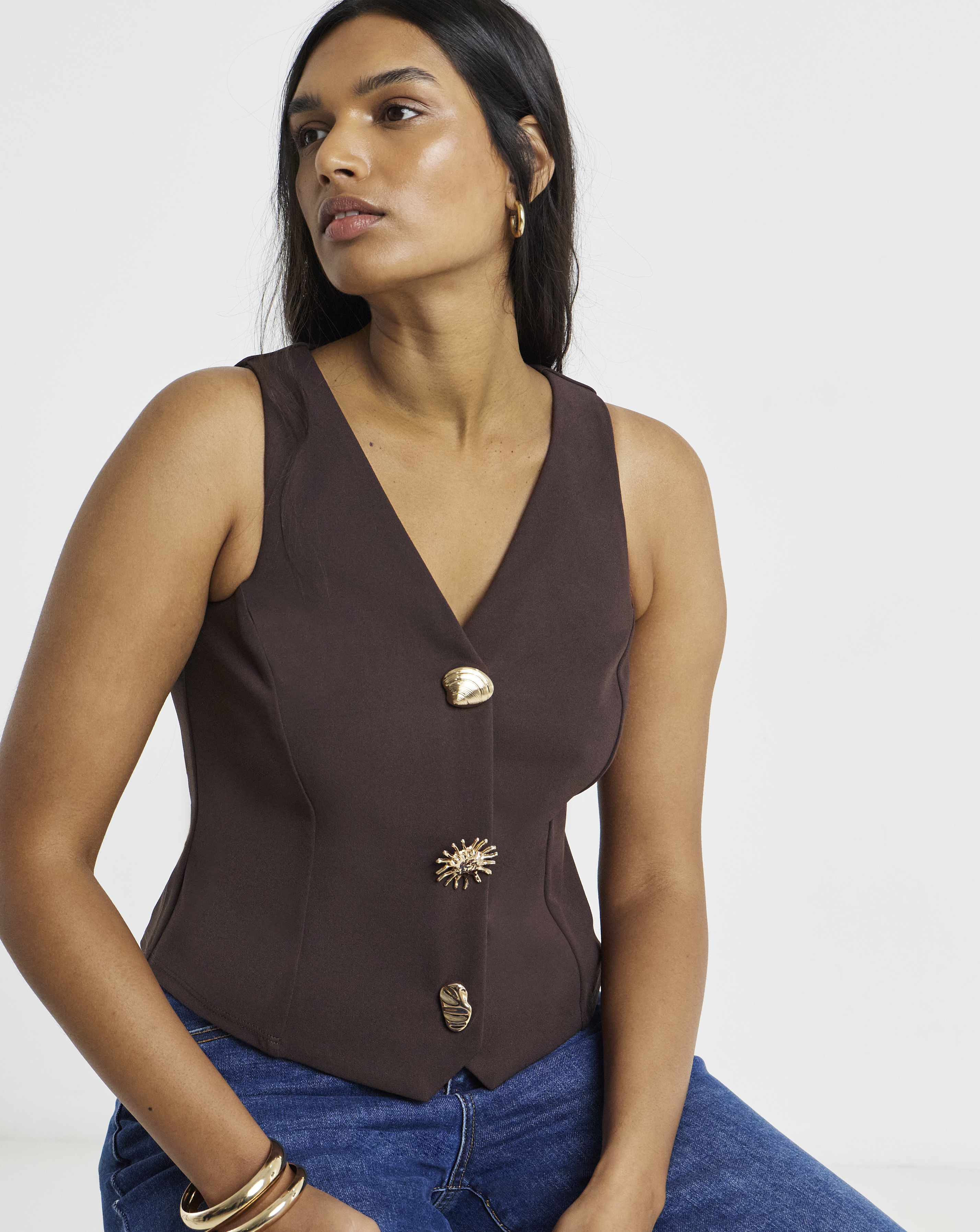 Scuba Gold Button Detail Crepe Waistcoat