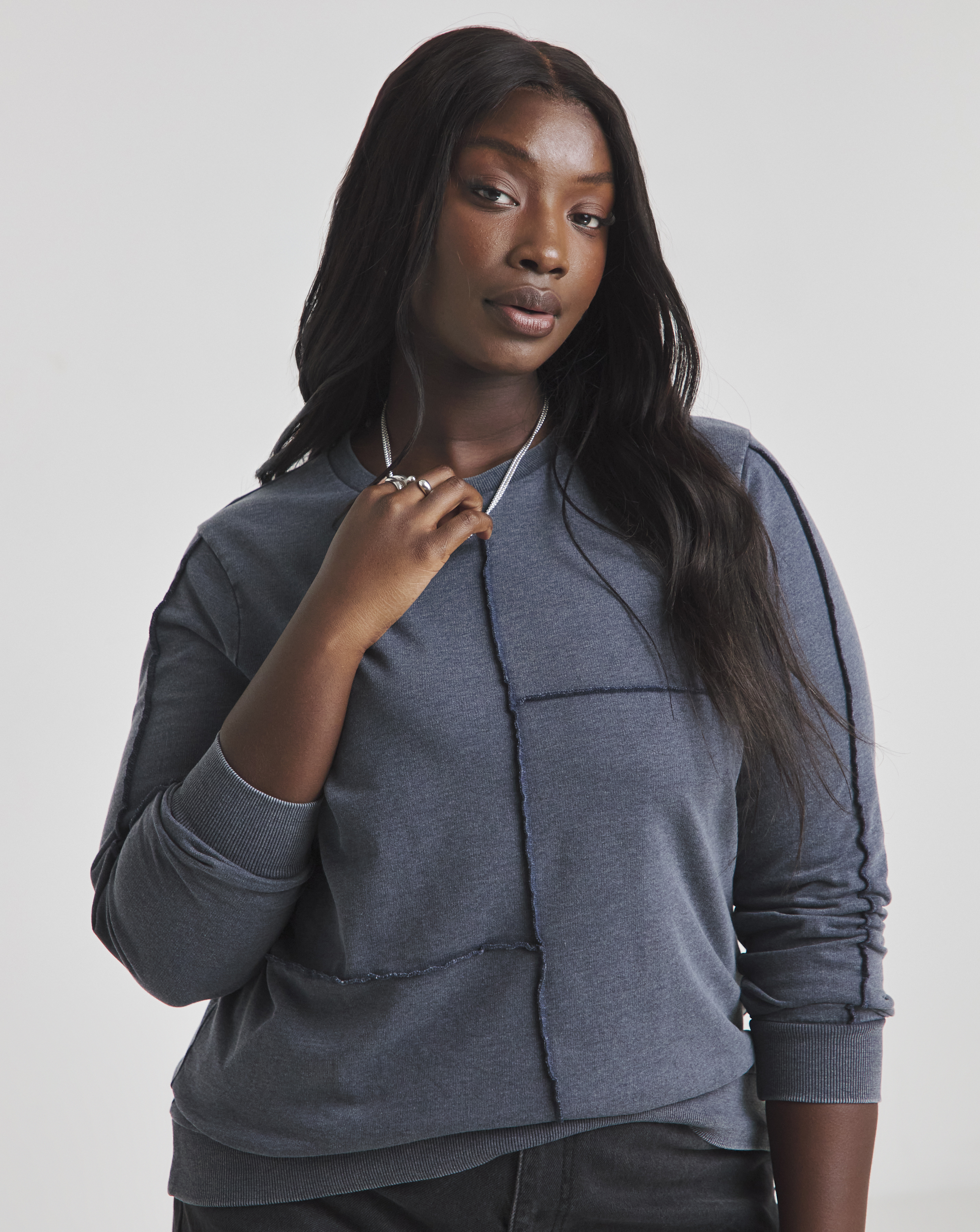 Navy Acid Wash Overlock Sweatshirt