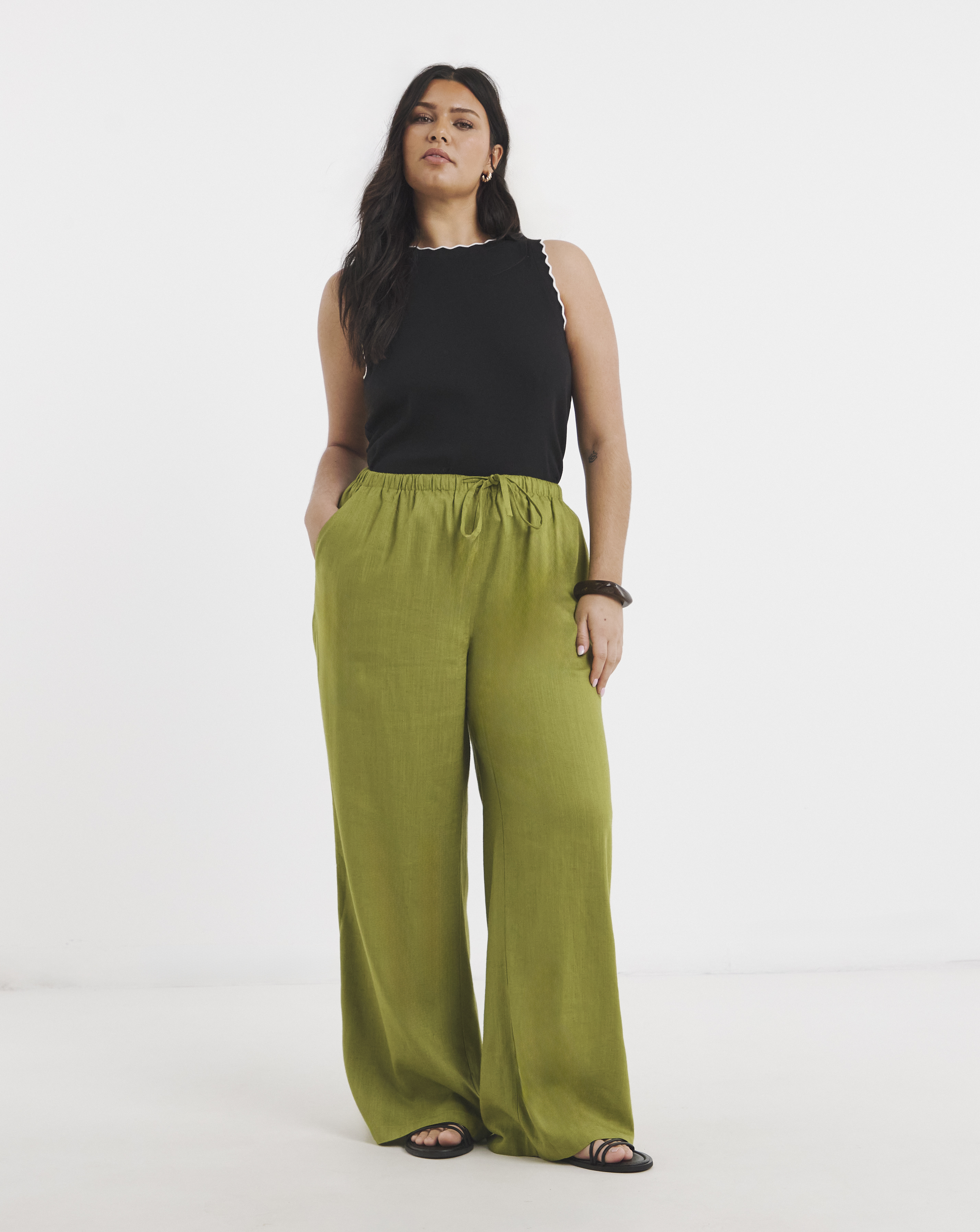 New In - Olive Wide Leg Linen Trouser