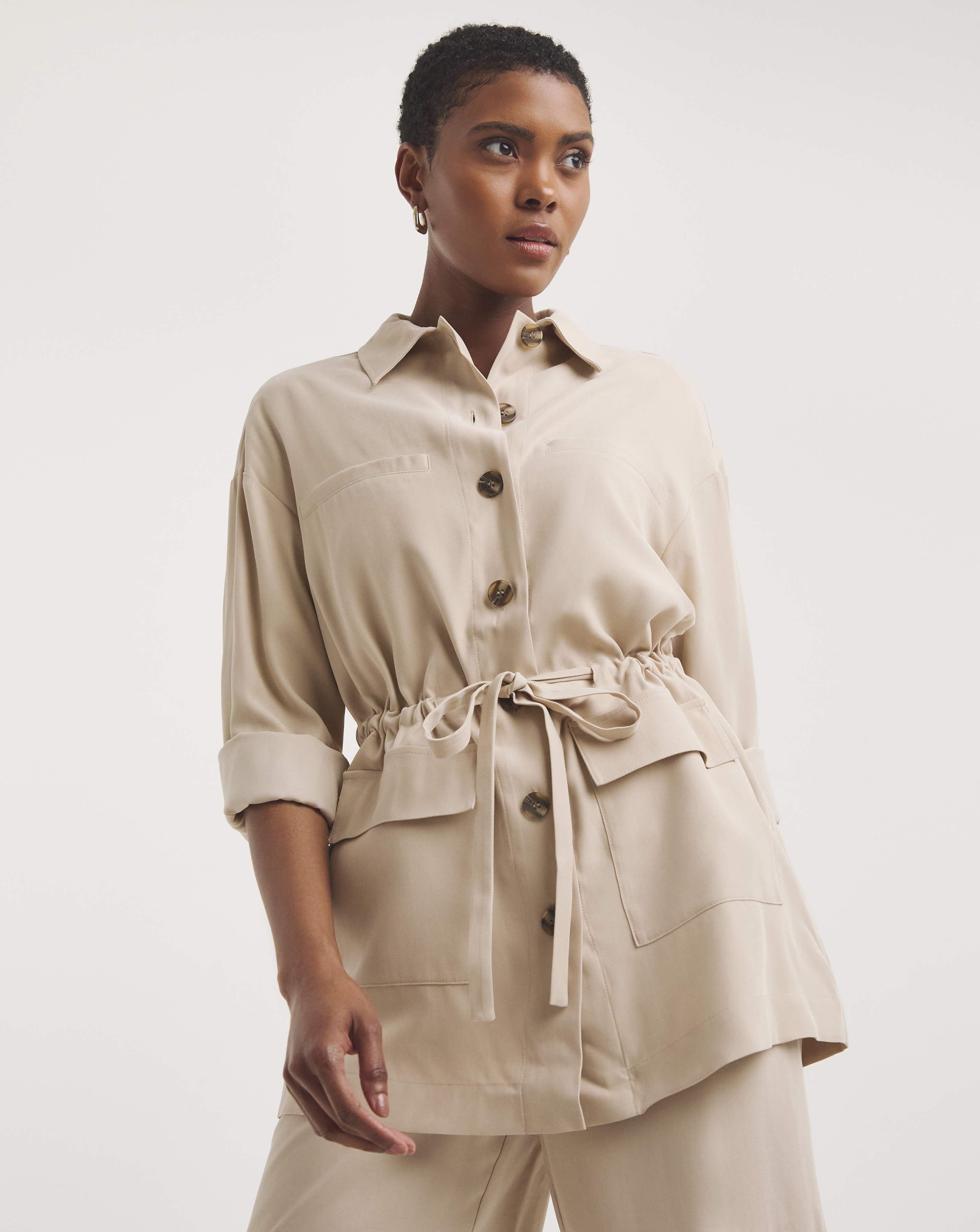 Stone Twill Tie Waist Overshirt