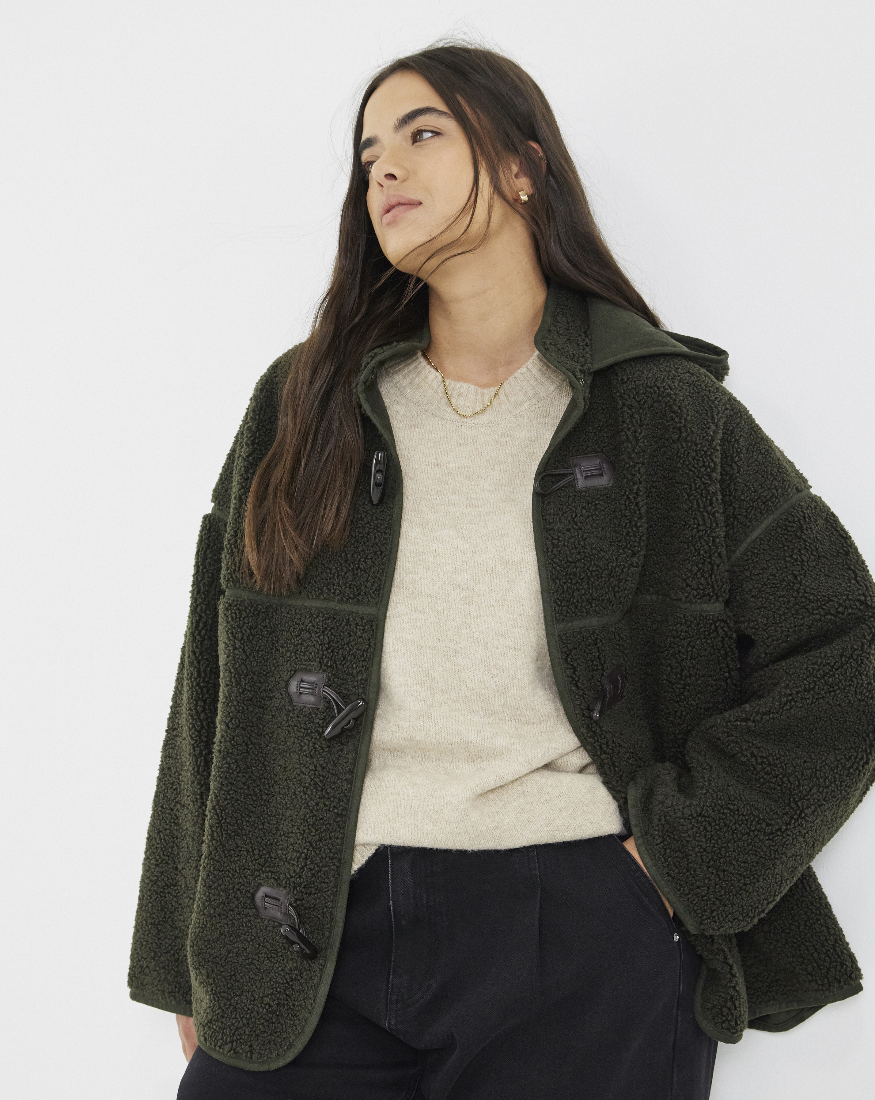 Moss Green Hooded PlushTeddy Duffel Coat