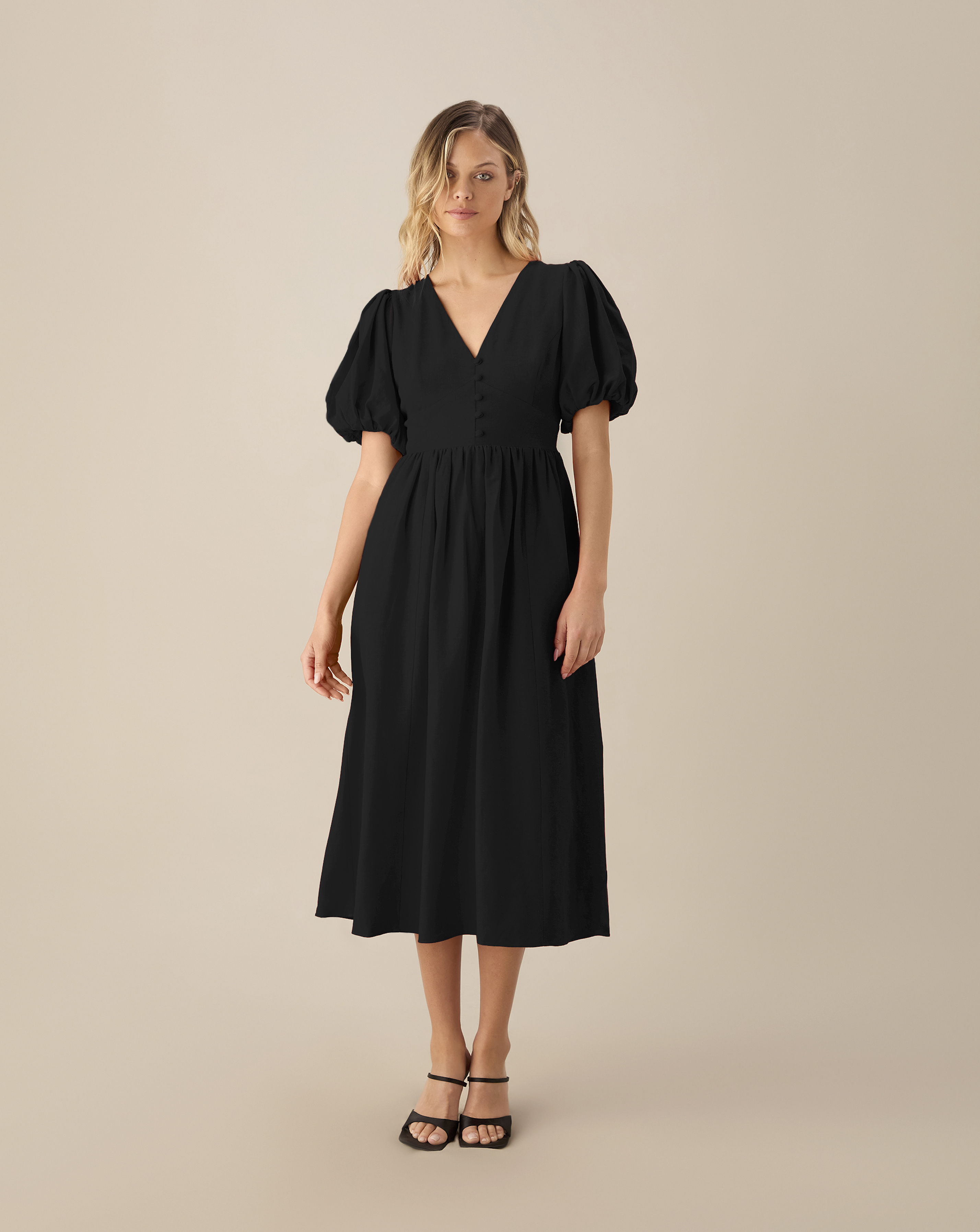 Ro&Zo Puff Sleeve V Neck Midi Dress