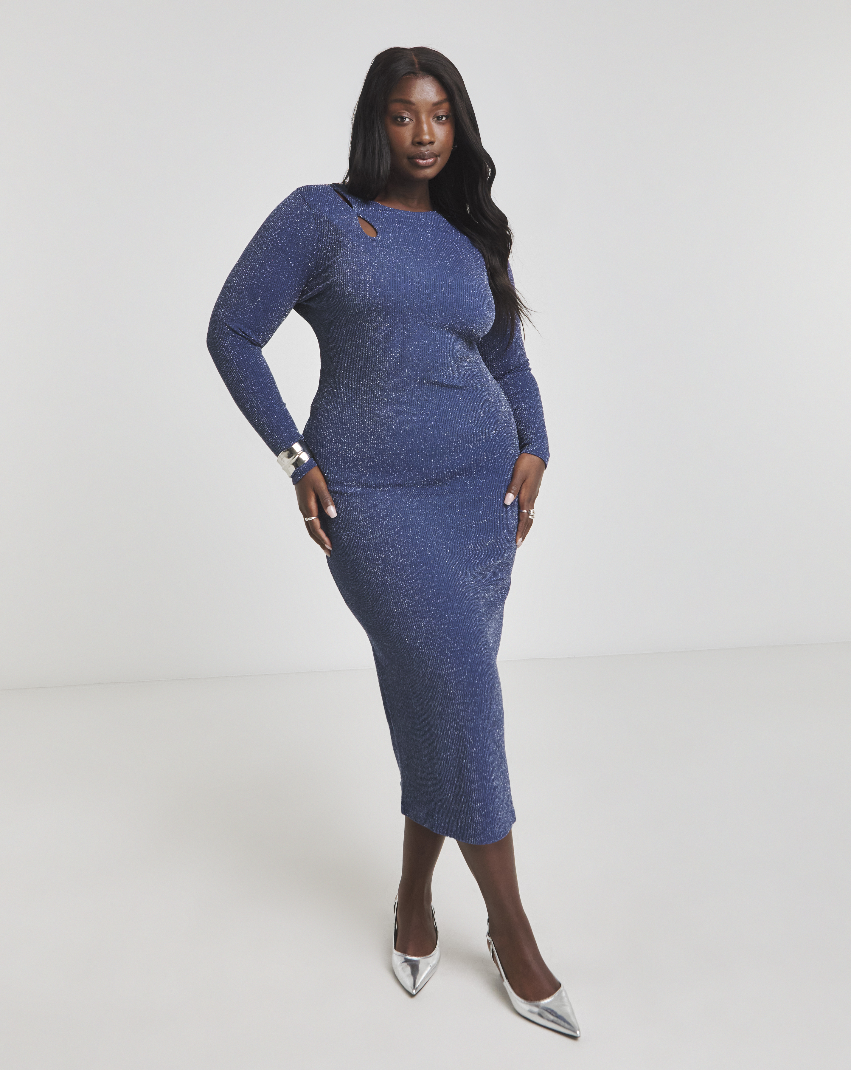 Simply Be - Women's Cut Out Glitter Rib Midi Column Dress - Size 20 - Blue - 88% Polyamide 7% Metallised Fibre 5% Elastane