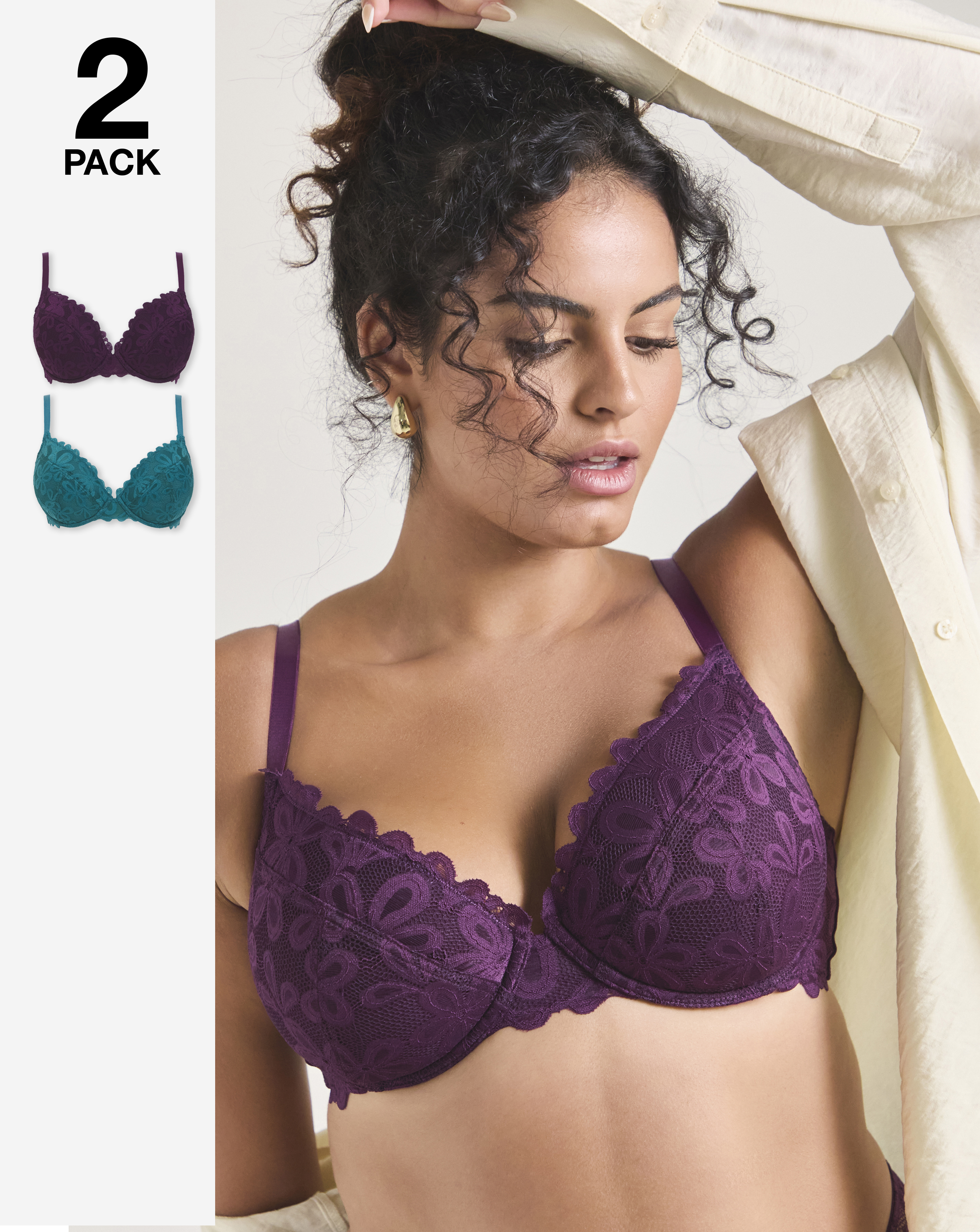 2 Pack Daisy Lace Plunge Wired Bras