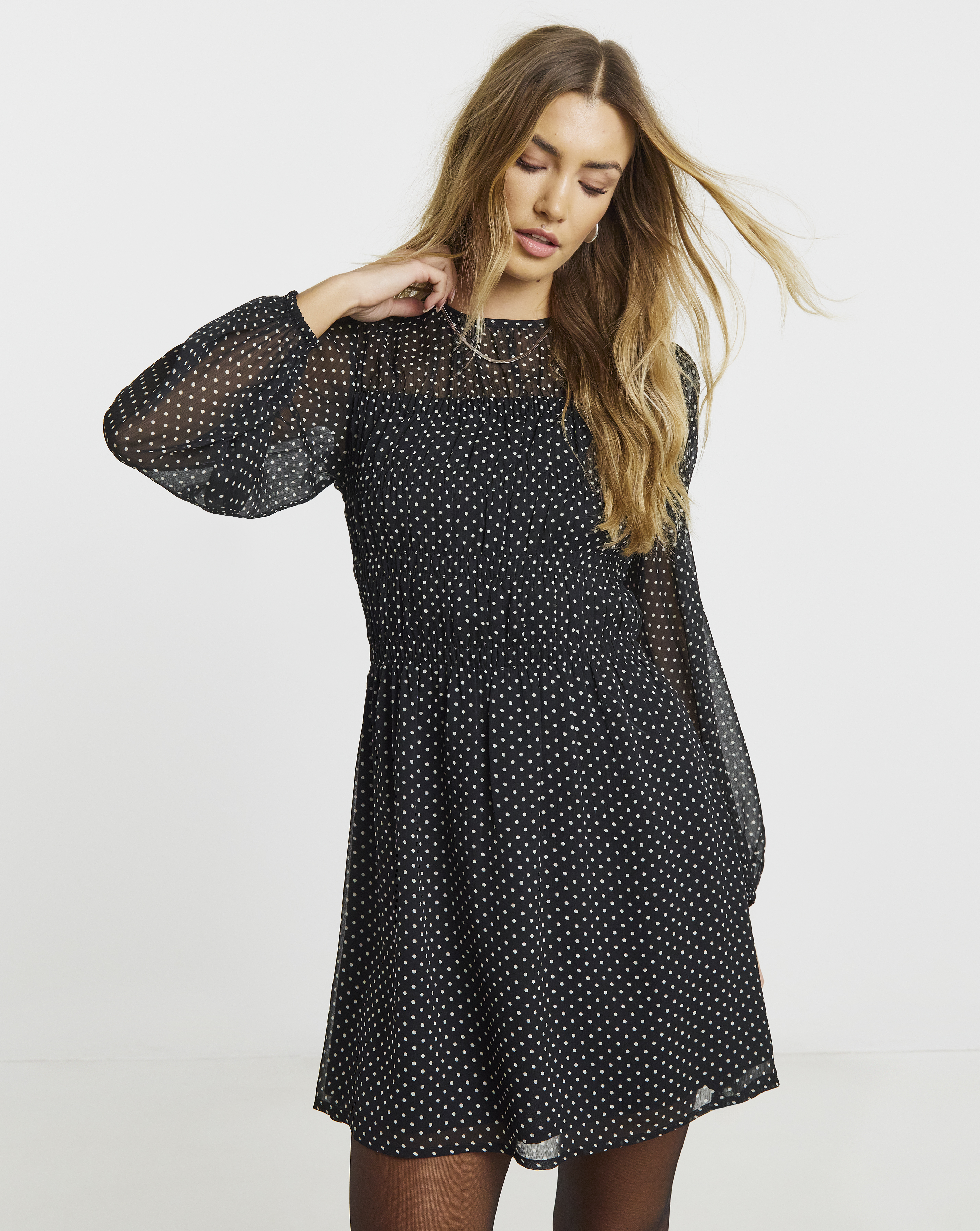 Mono Spot Print Shirred Skater Dress