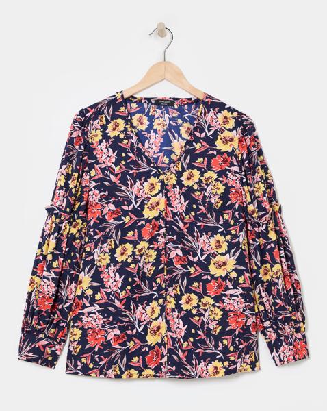 Mixed Print Volume Cuff Blouse