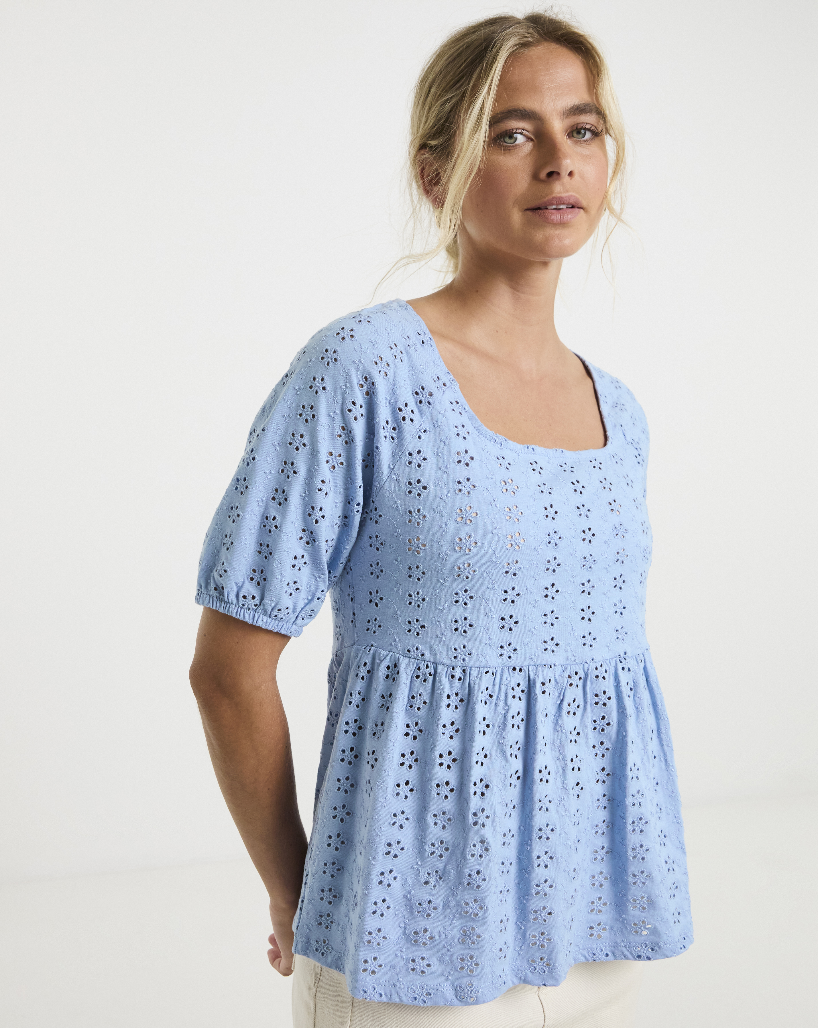 Blue Jersey Broderie Square Neck Top