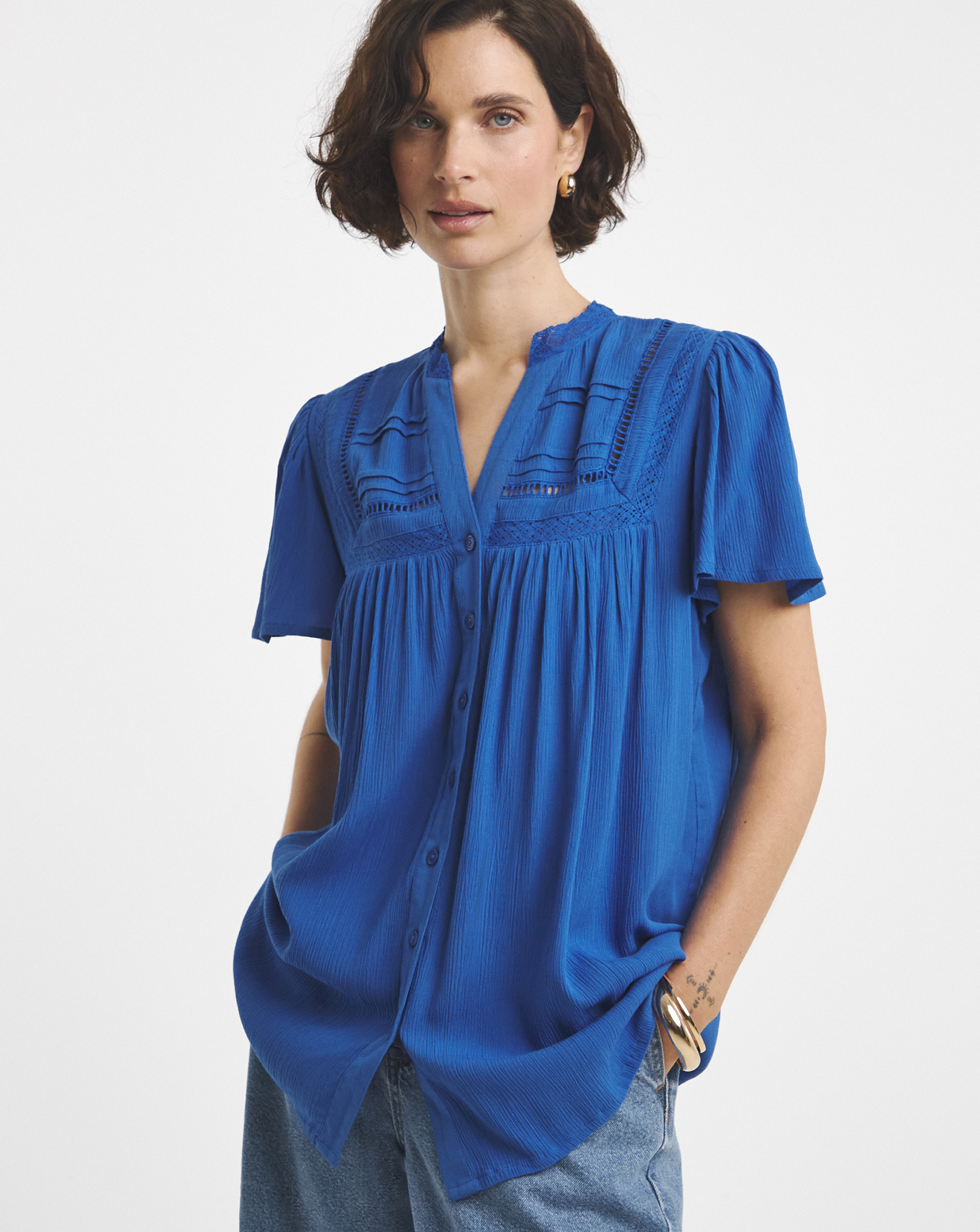 Textured Crinkle Ladder Insert Blouse