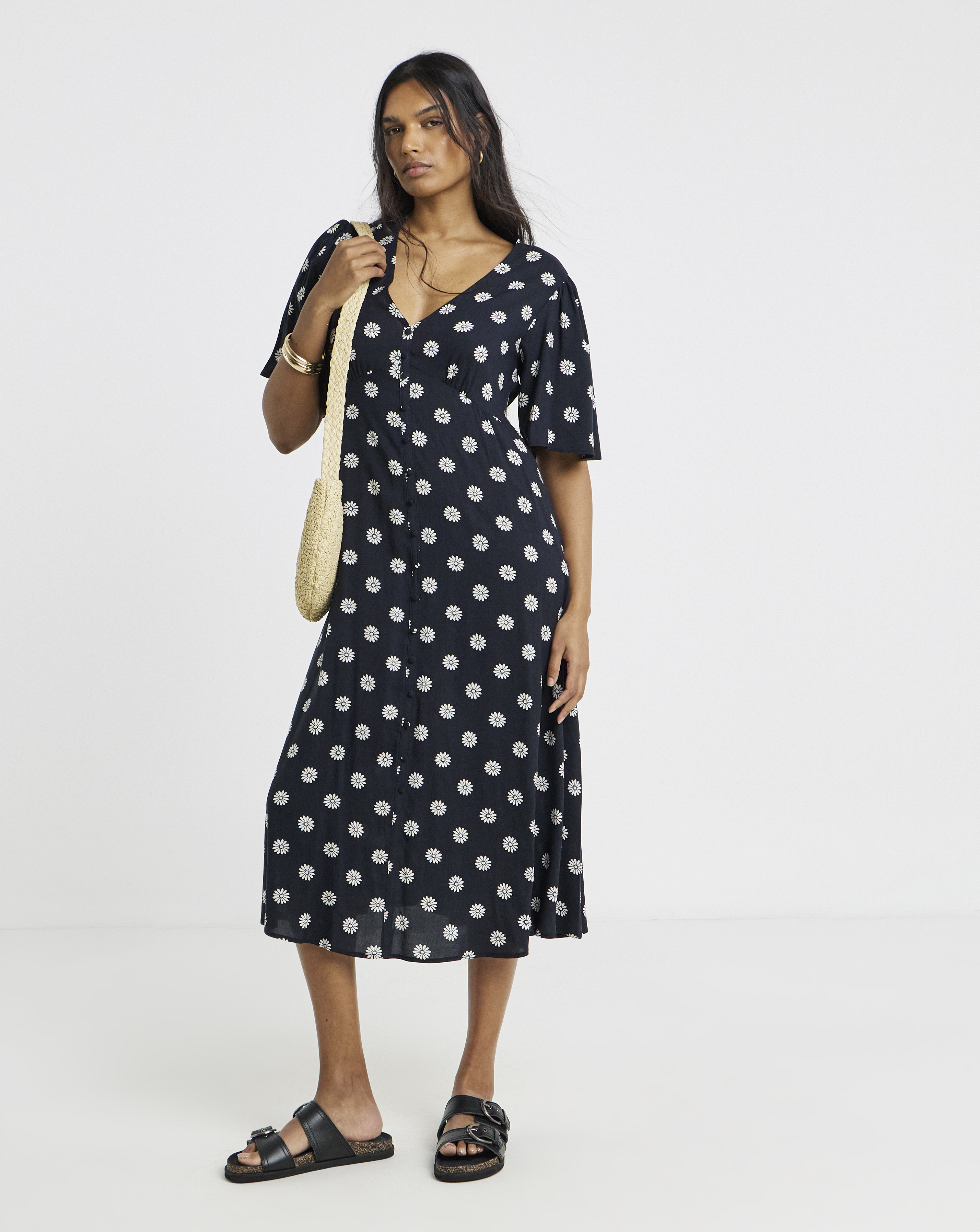 Spun Viscose Button Up Midi Dress