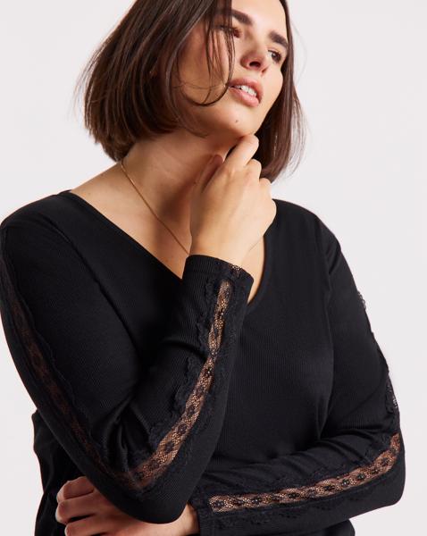 Slash Neck Rib Top with Lace Sleeve