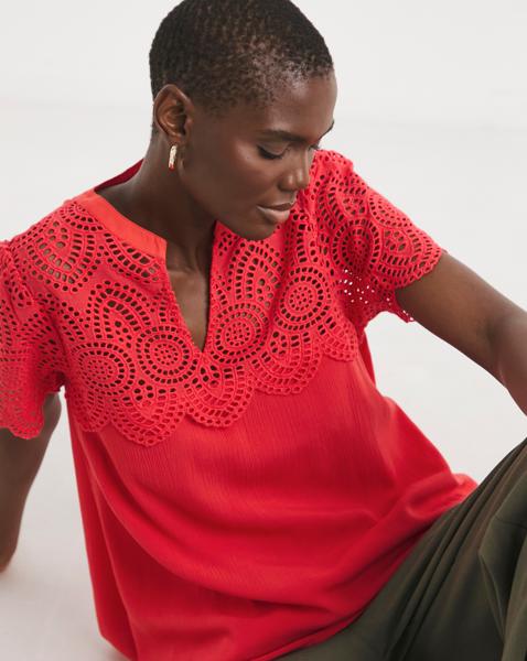 Crinkle Crochet Trim Top - Coral