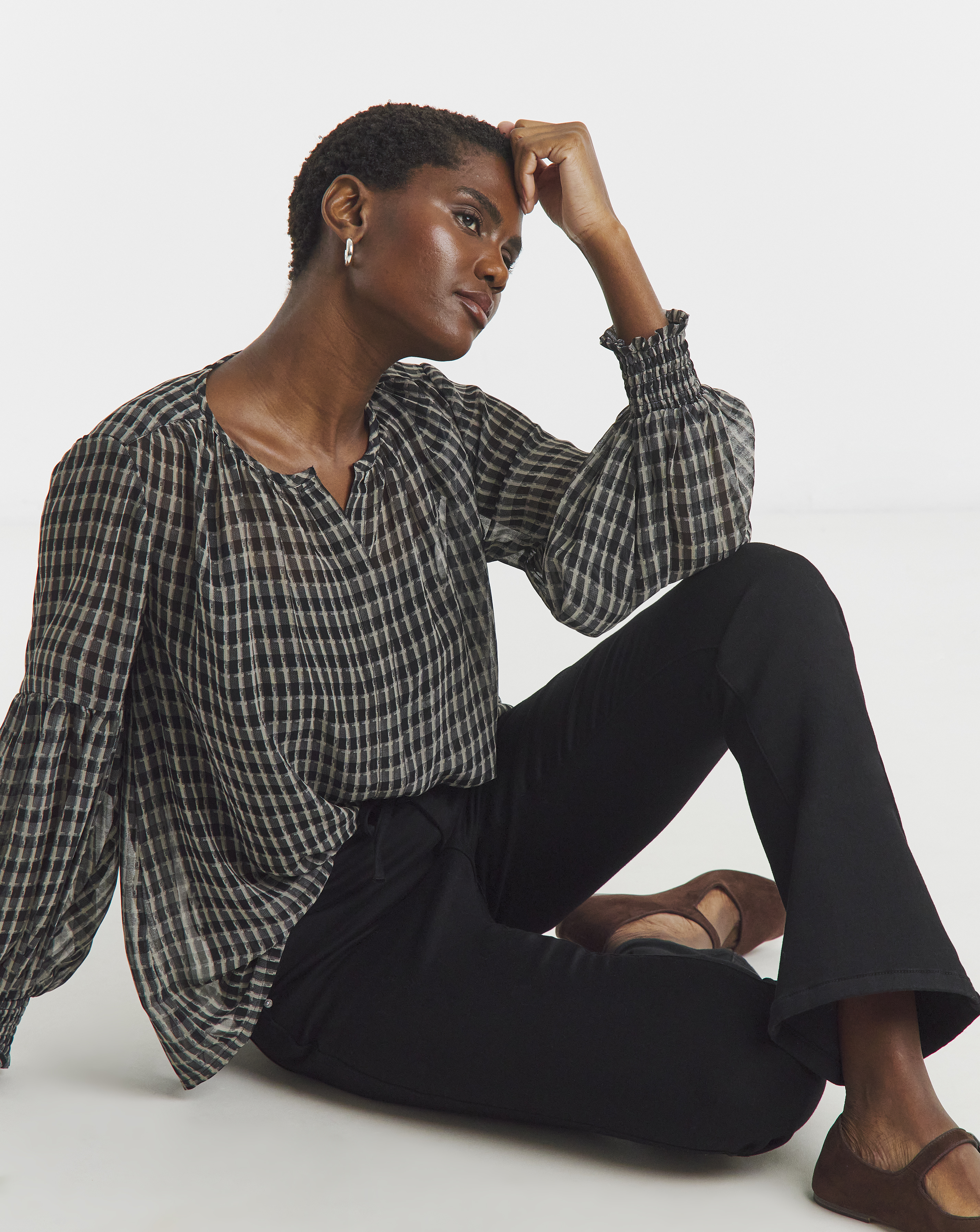 Collarless Blouson Sleeve Blouse