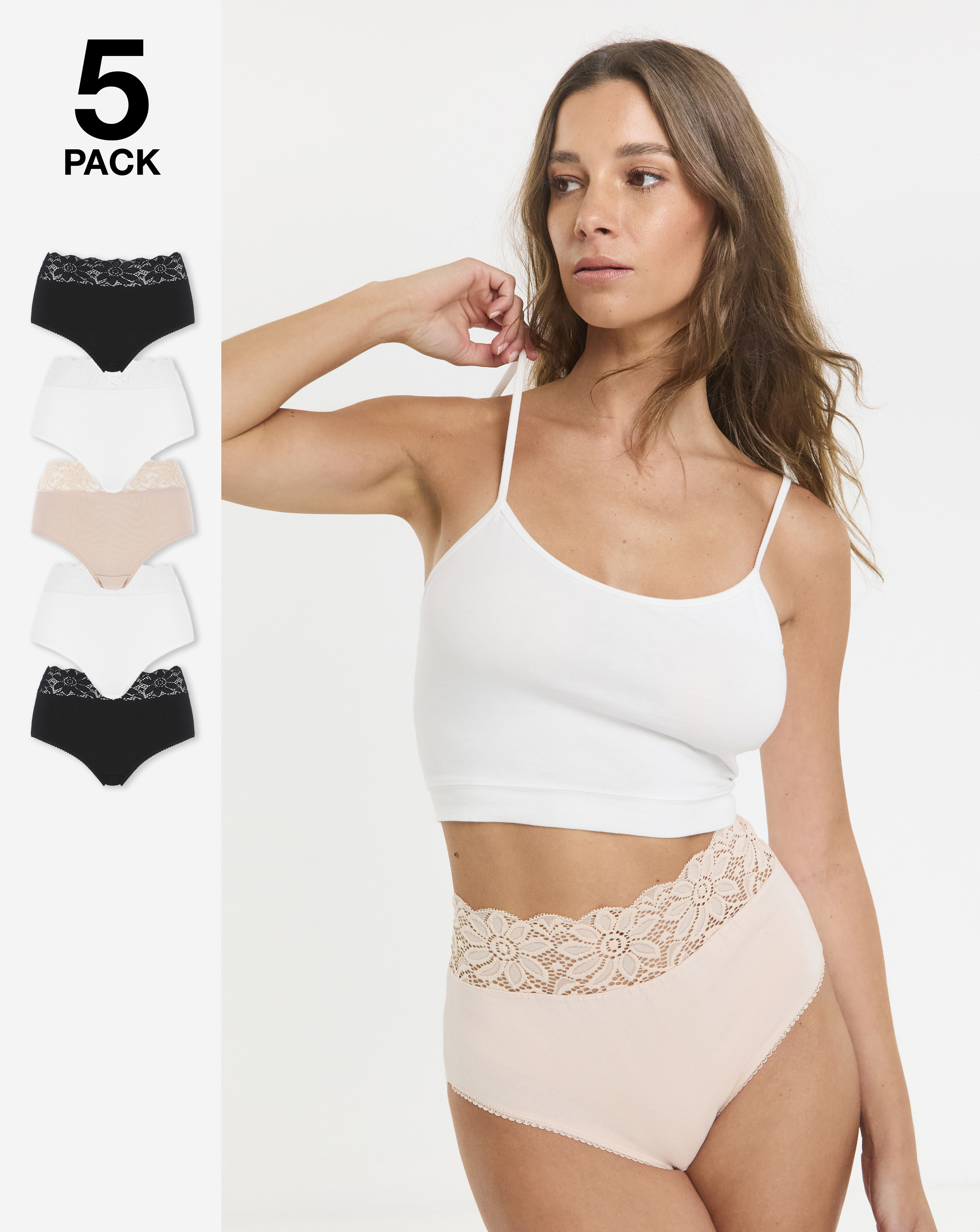5 Pack Neutral Lace Top Full Fit Briefs