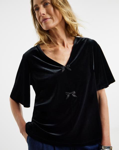 Velvet Bow Front Angel Sleeve Top