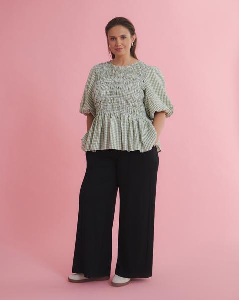 Gingham Shirred Peplum Blouse