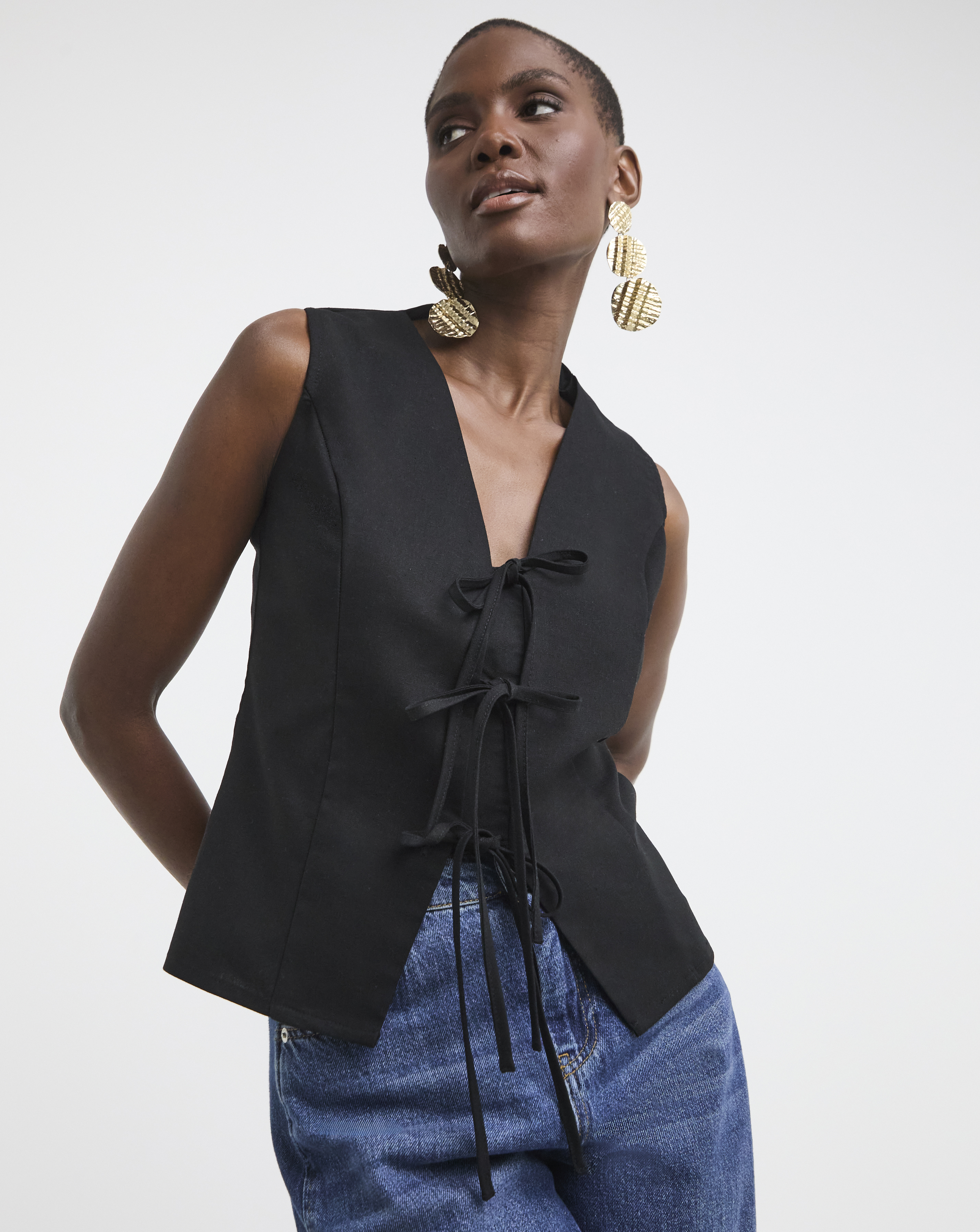 Linen Mix Tie Front Waistcoat