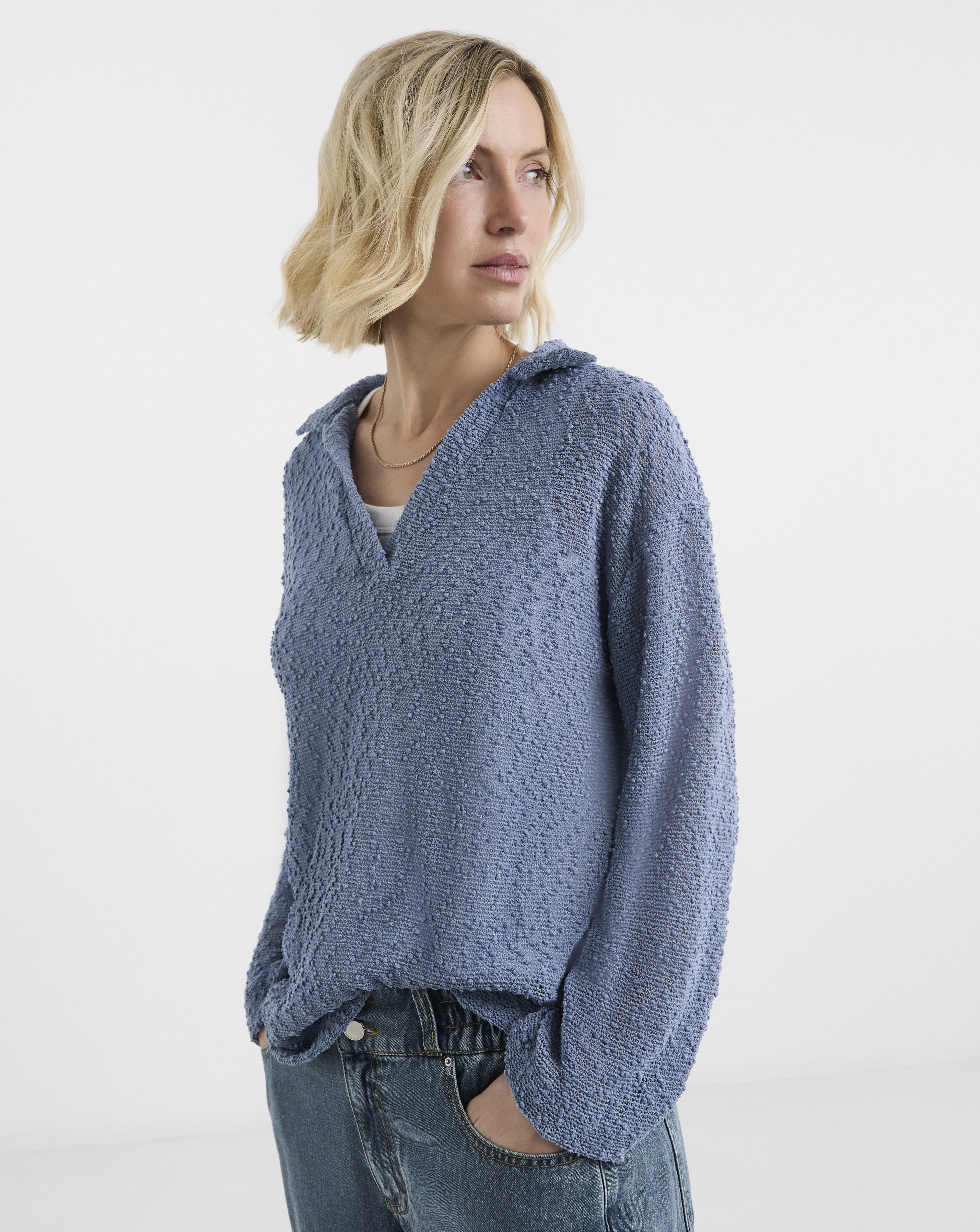 Boucle V-Neck Long Sleeve Top