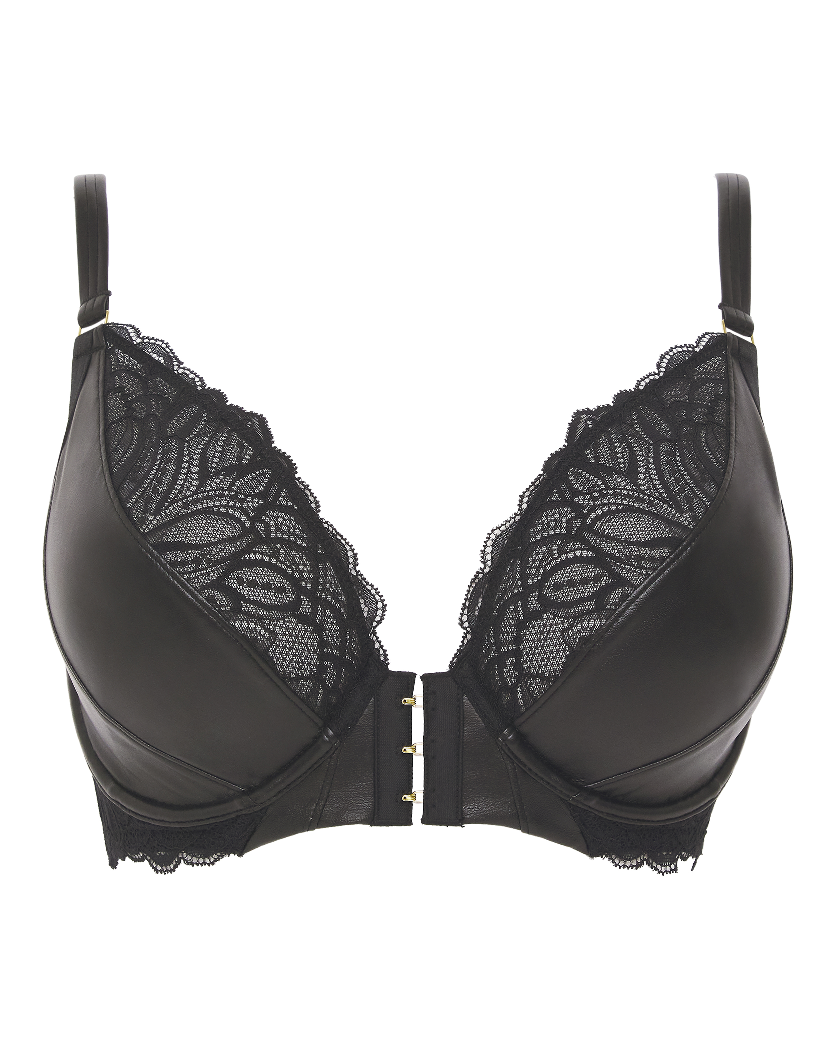 Figleaves Erin Leather & Lace Plunge Bra - Black - Size 32B - Women's