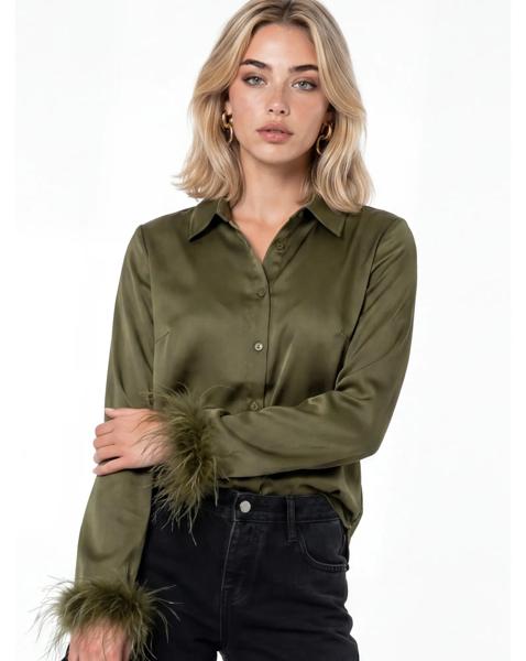 Lovedrobe Feather Cuff Satin Shirt