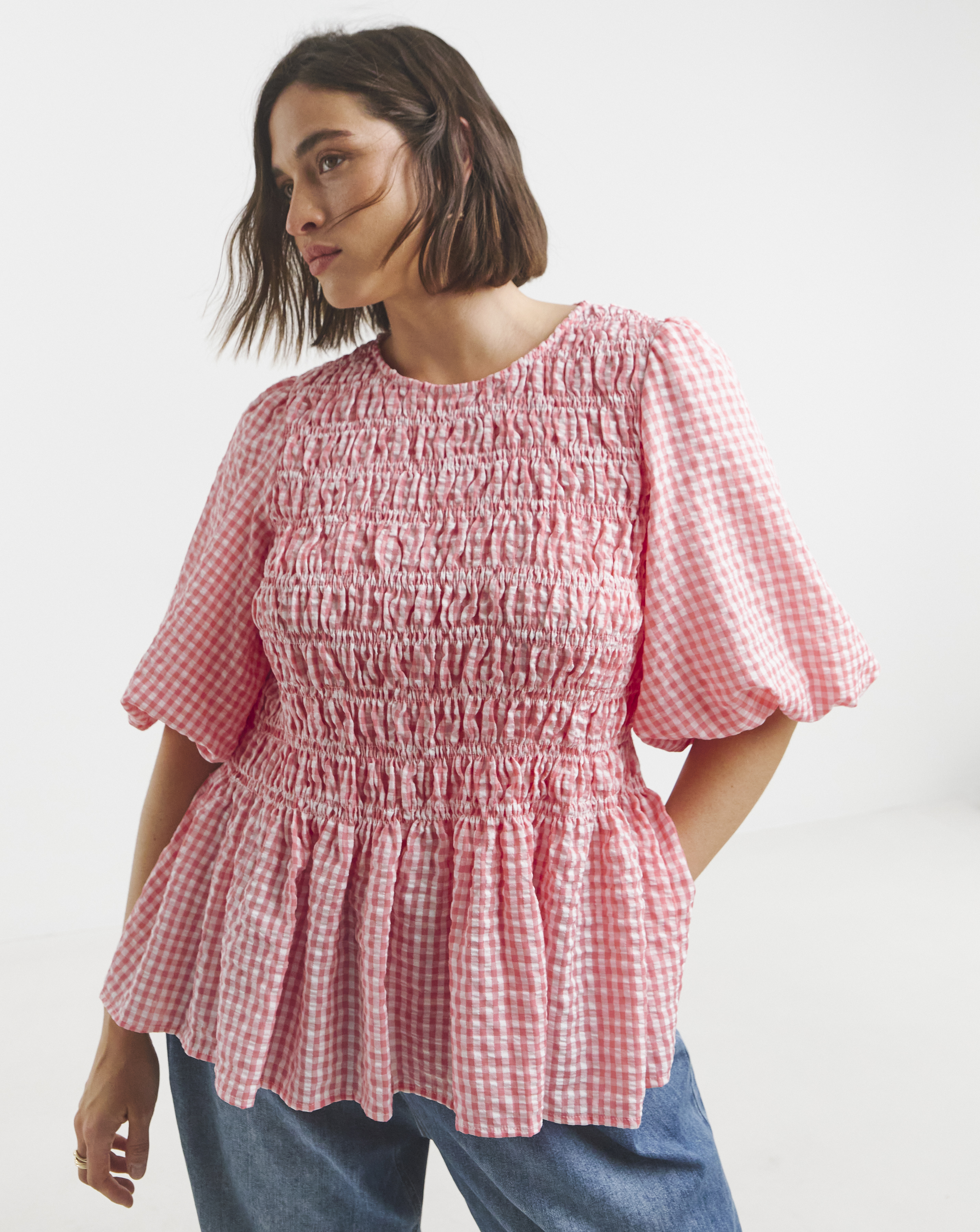 Simply Be Pink Gingham Shirred Blouse