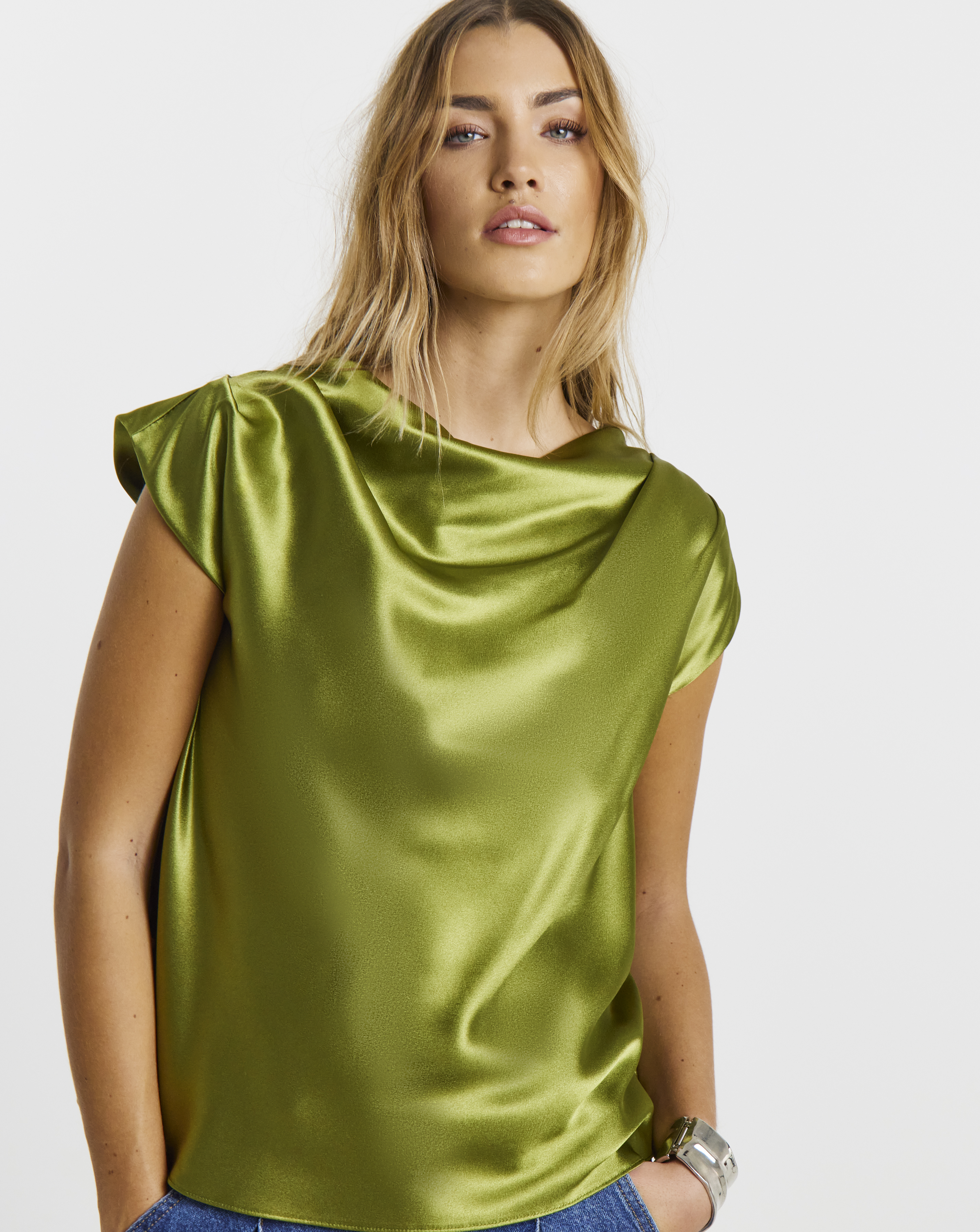 Olive Satin Drape Blouse