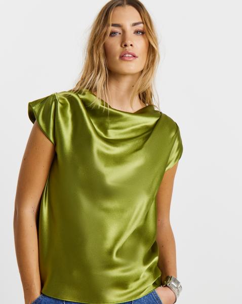 Olive Satin Drape Blouse