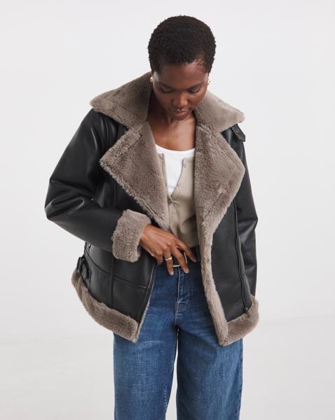 Contrast Faux Fur Lined Aviator Jacket