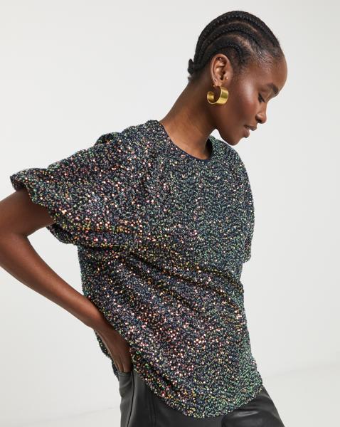 Joanna Hope Sequin Puff Sleeve Top