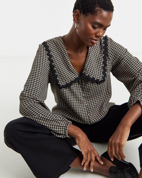 Gingham Collar Blouson Top
