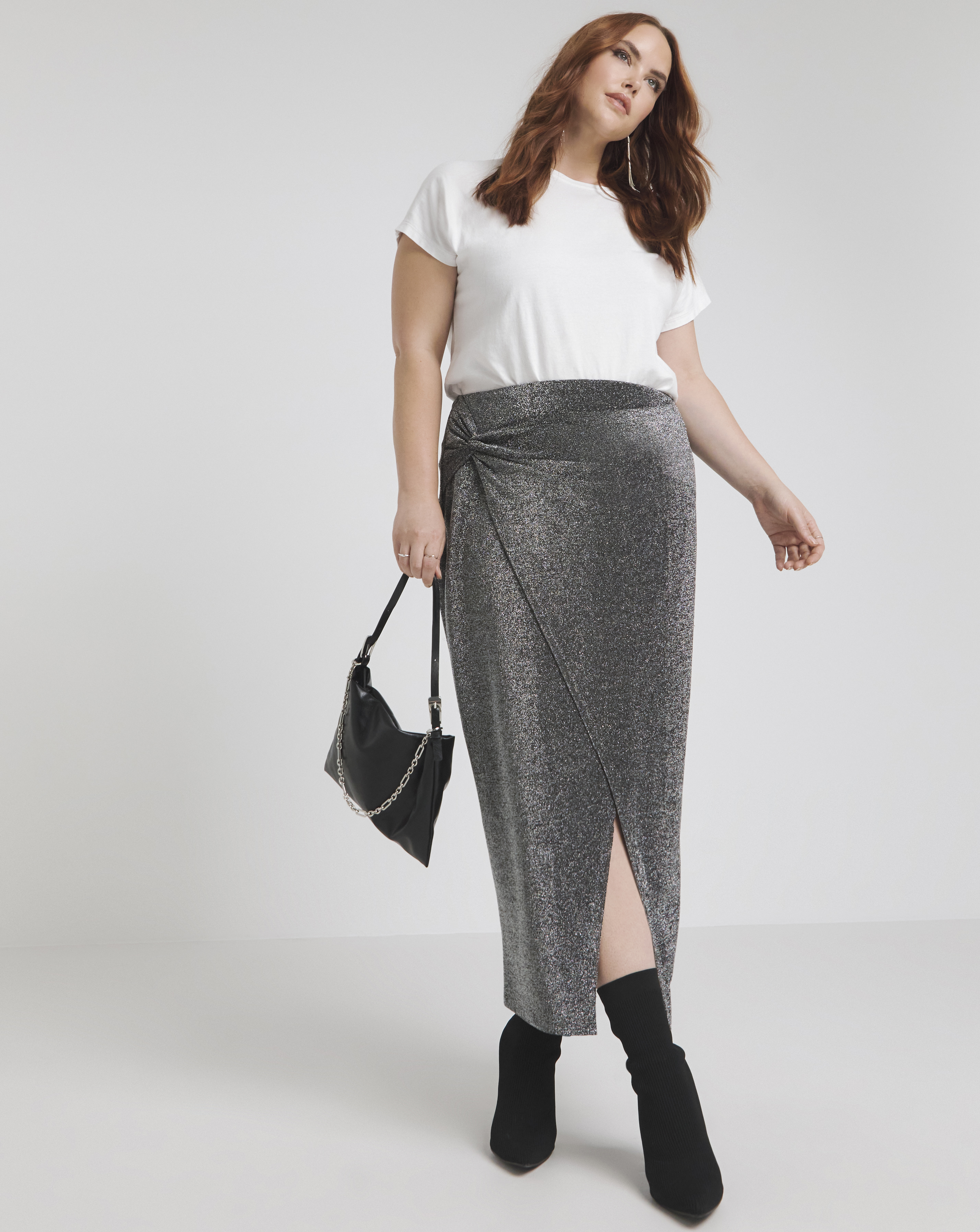 Silver Glitter Knit Twist Side Skirt