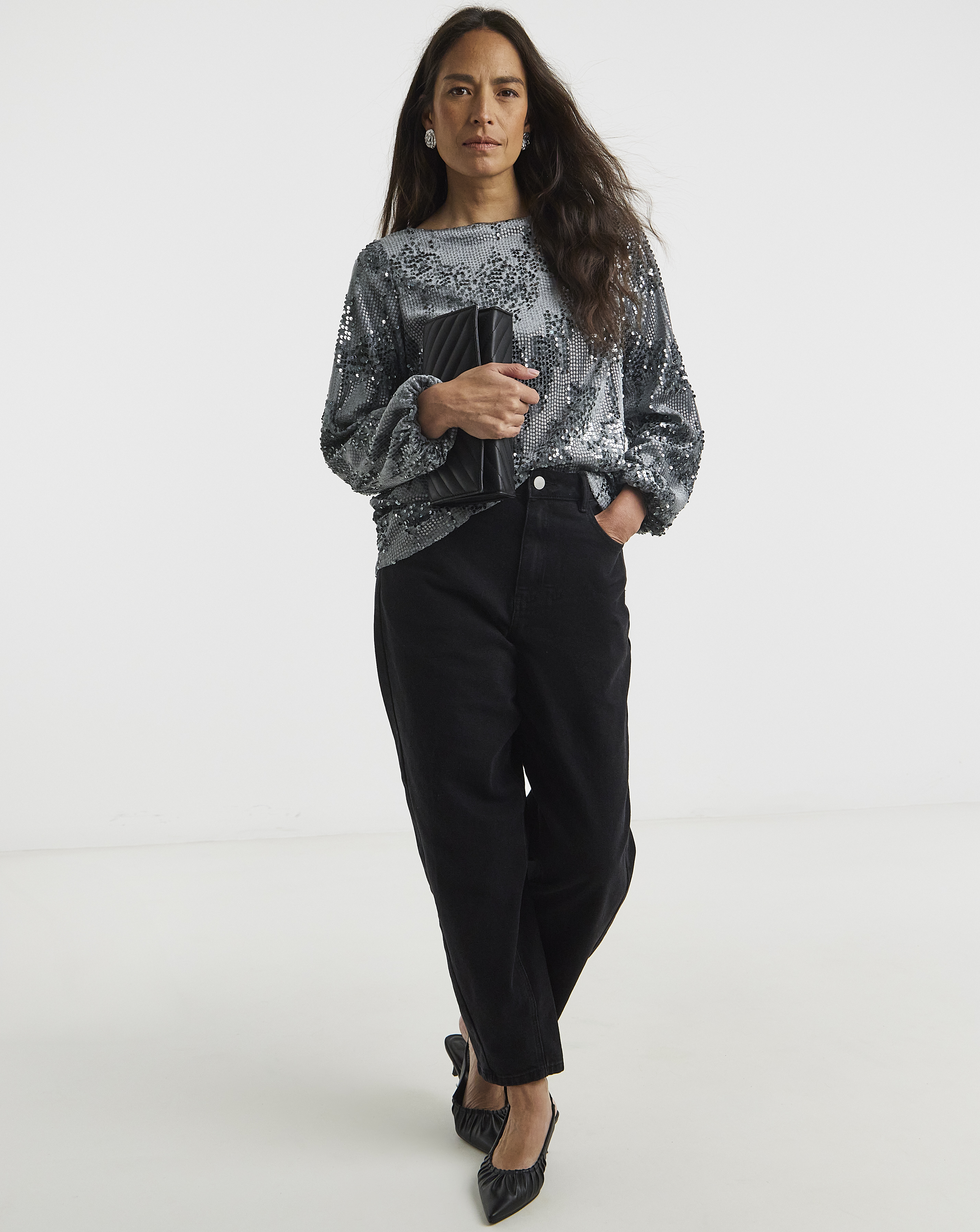 Velvet Sequin Slash Neck Top