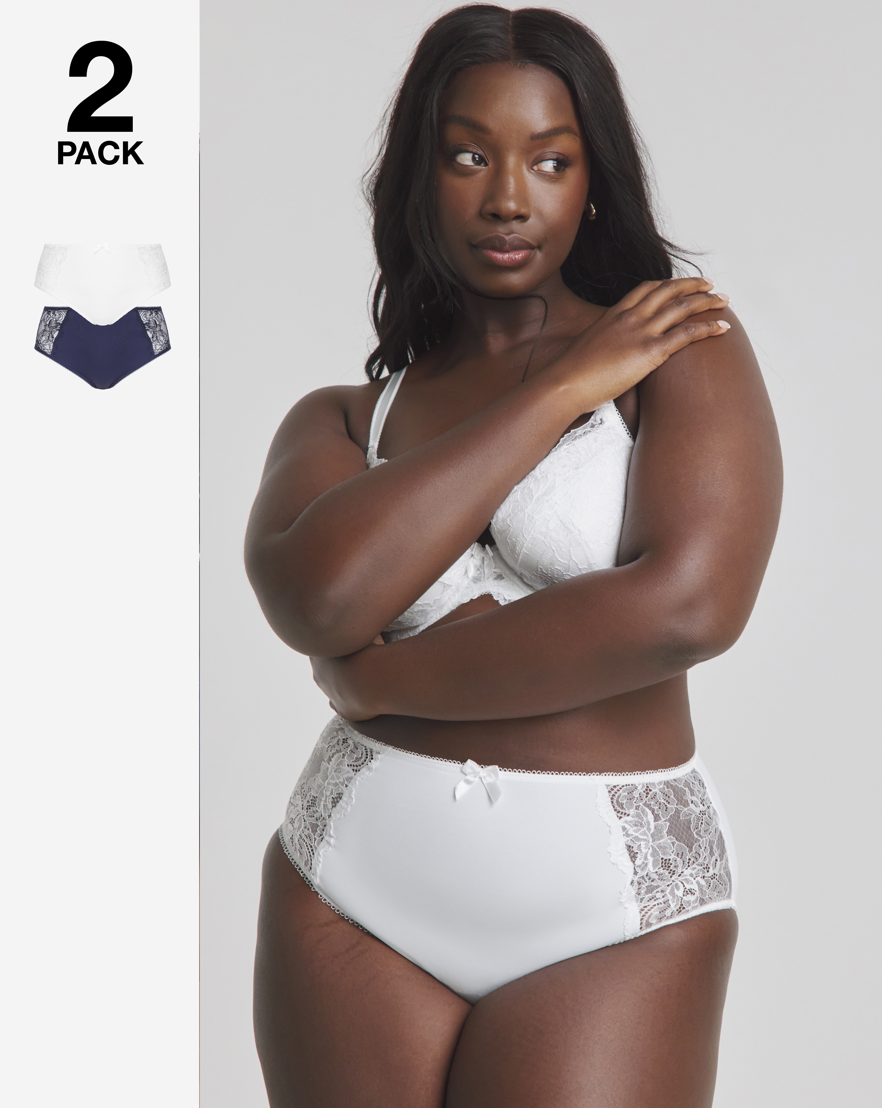 Pretty Secrets Plus Size 2 Pack Ella Lace Briefs In Navy/white | UK Size 16 Women's