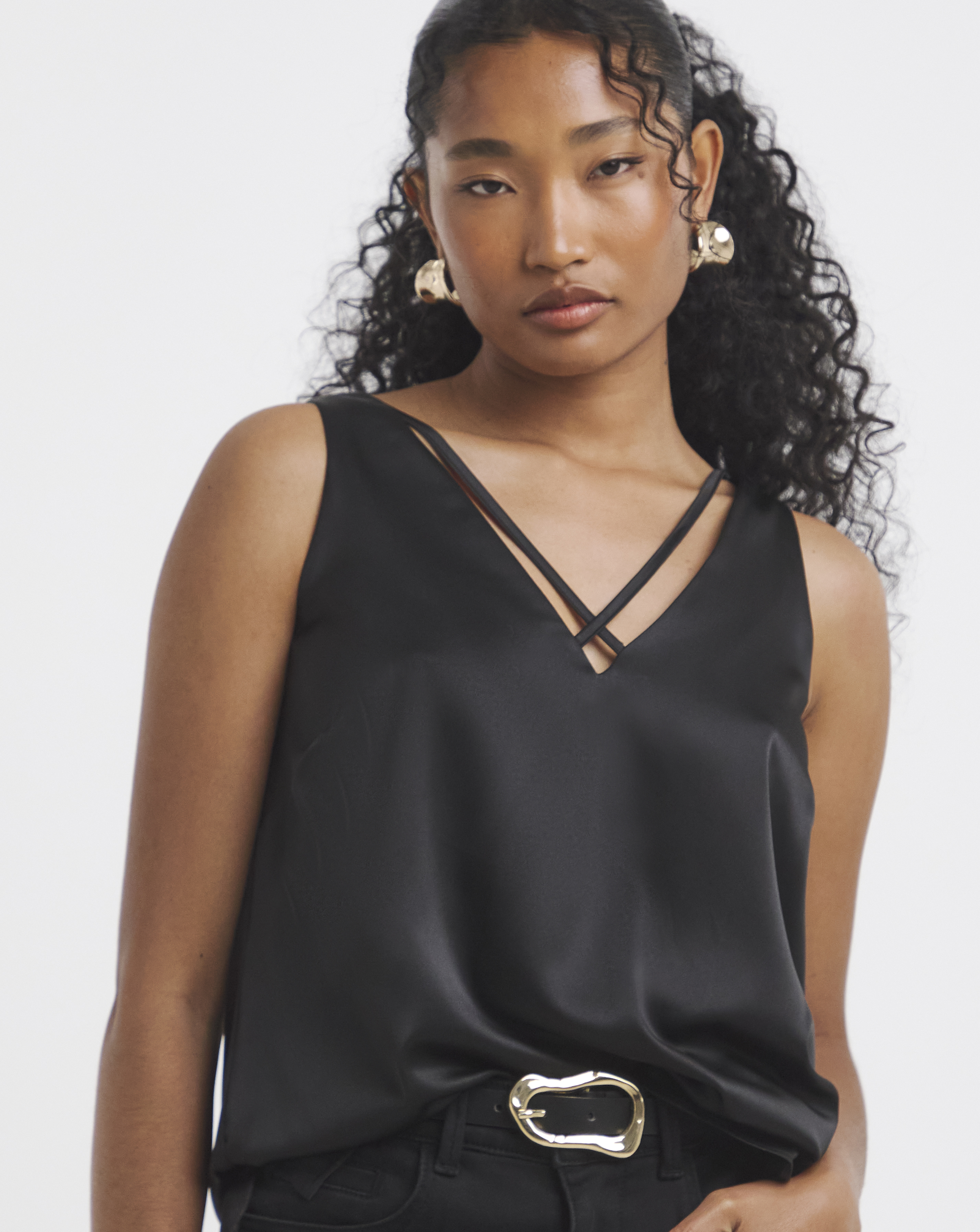 Black Sleeveless Criss Cross Satin Cami