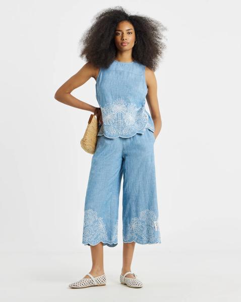 Light Wash Chambray Broderie Crop Jeans